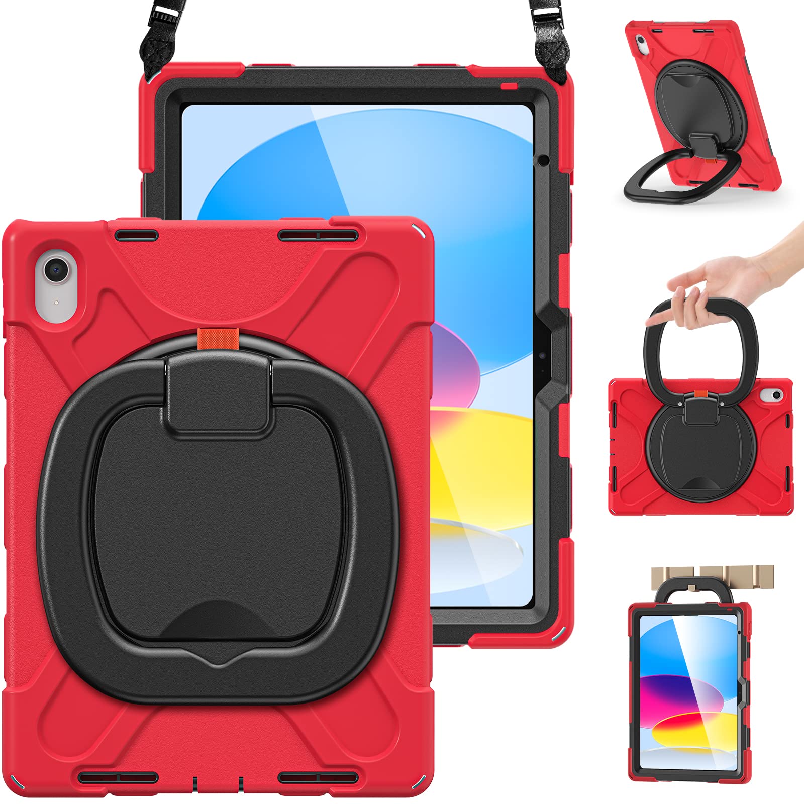 Braecn Kids Case For Ipad 10Th Generation 2022 10.9 Inch A2696 A2757 A2777, Heavy Duty Rugged Silicone Cover W/Swivel Ring Stand