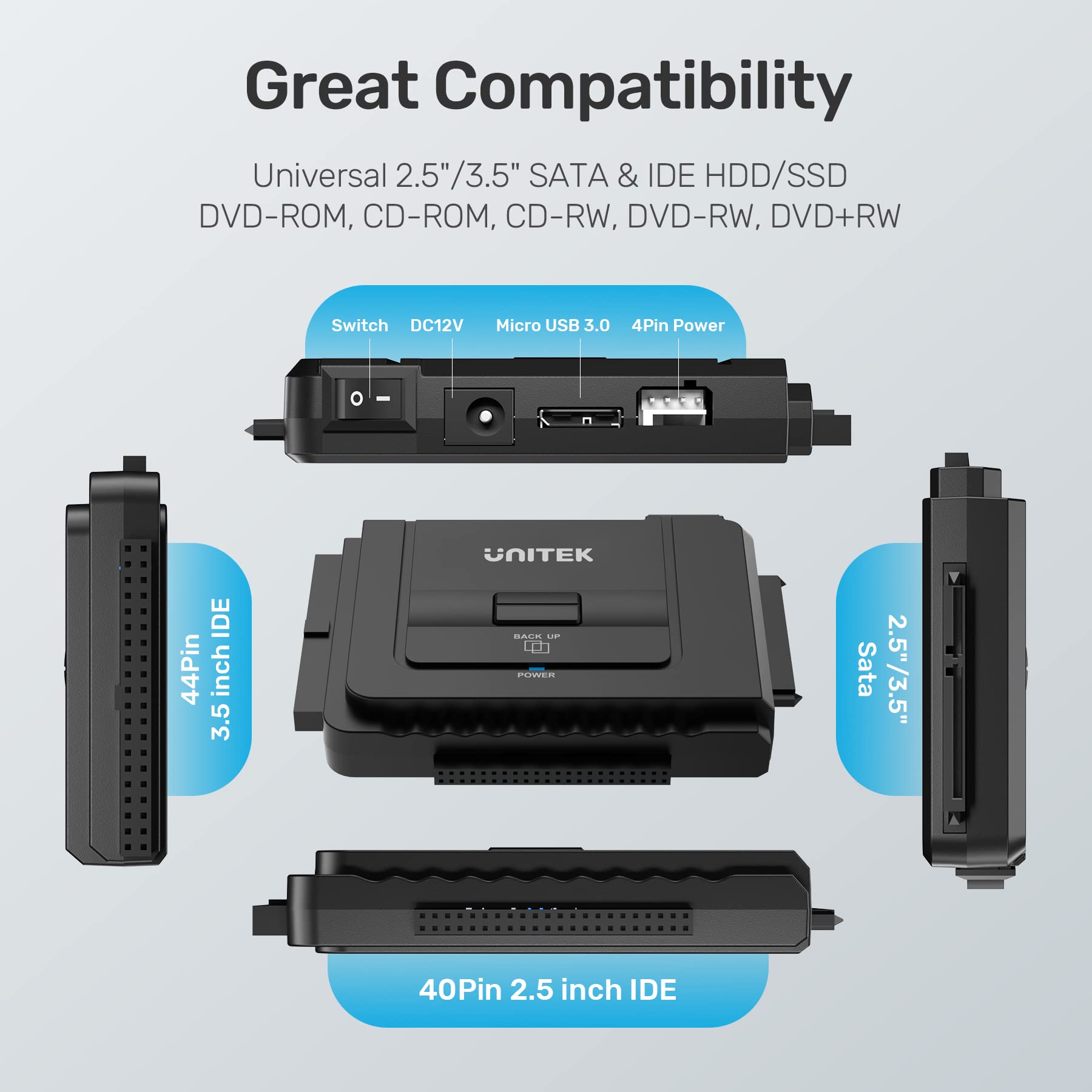 Unitek Usb C To Ide And Sata Converter External Hard Drive Adapter Kit For Universal 2.5/3.5 Hdd/Ssd Hard Drive Disk, One Touch