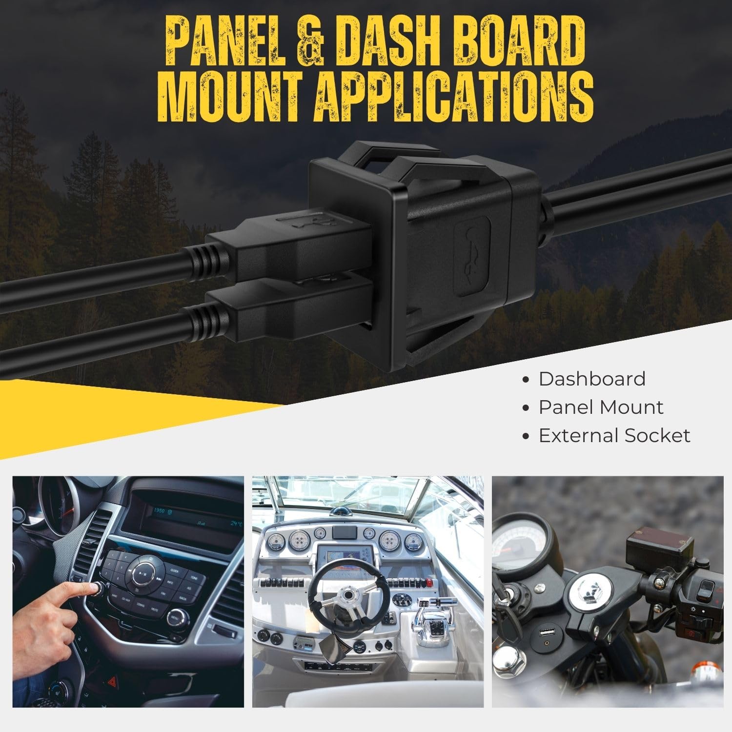 TNP Dual USB 3.0 Flush Mount Square Cable Dashboard Panel Water Resistant Black 1.8M (6FT)