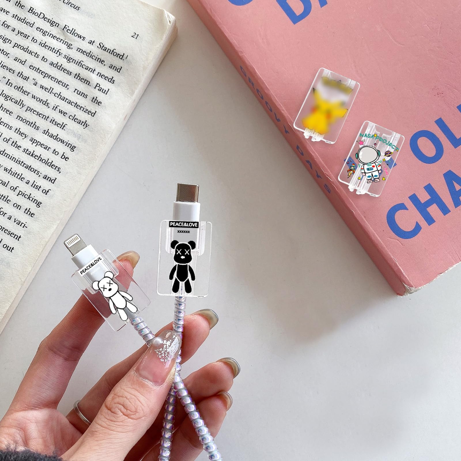 Cute Cable Protector For Iphone Charger,Kawaii Astronaut,Teddy Bear Anime Lovely Pattern 4 Pcs Usb Cable Protector For Girls Boy