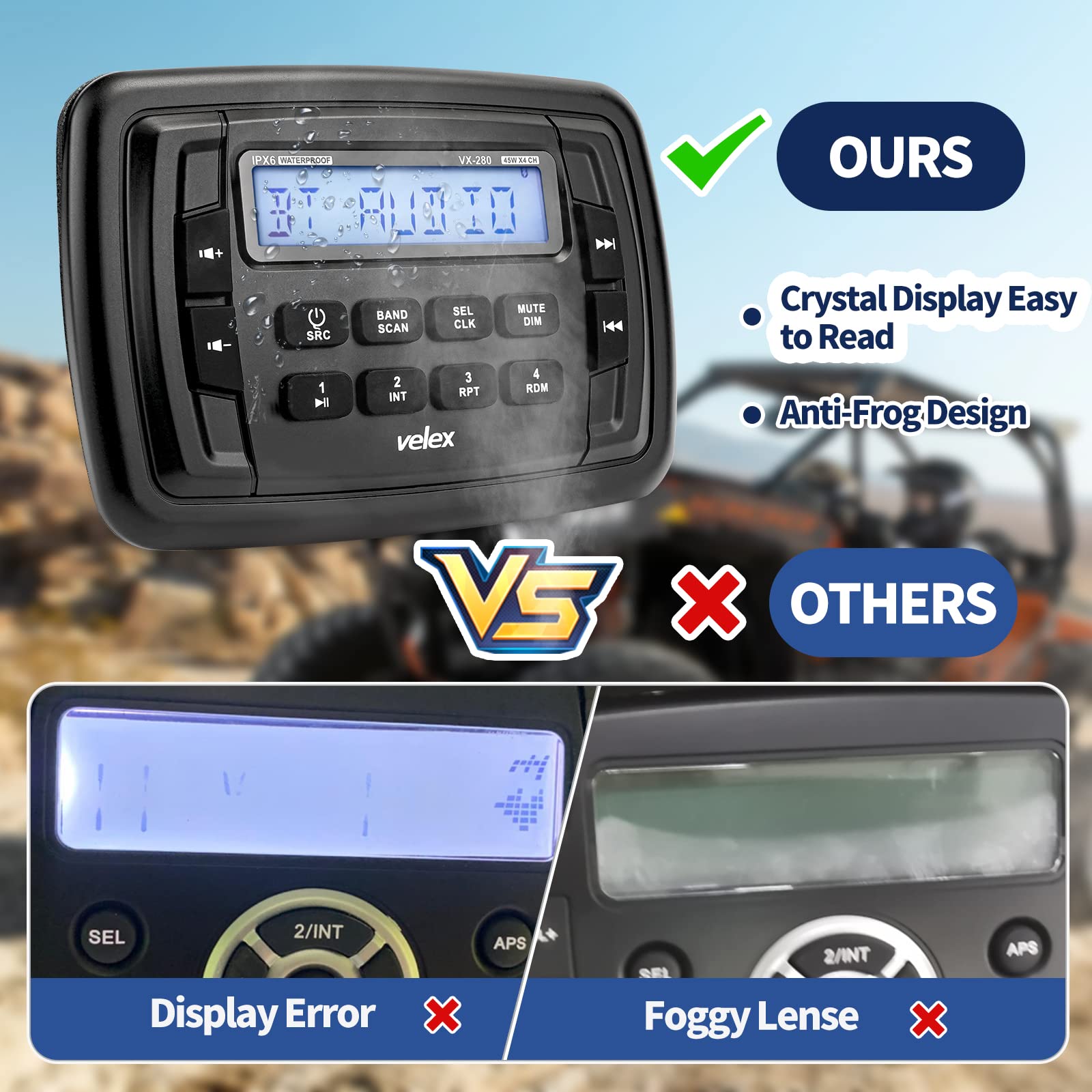 Velex Powersport Marine Stereo Radio Am Fm Tuner Stereo 4 X 45W Bluetooth Streaming Utv Atv