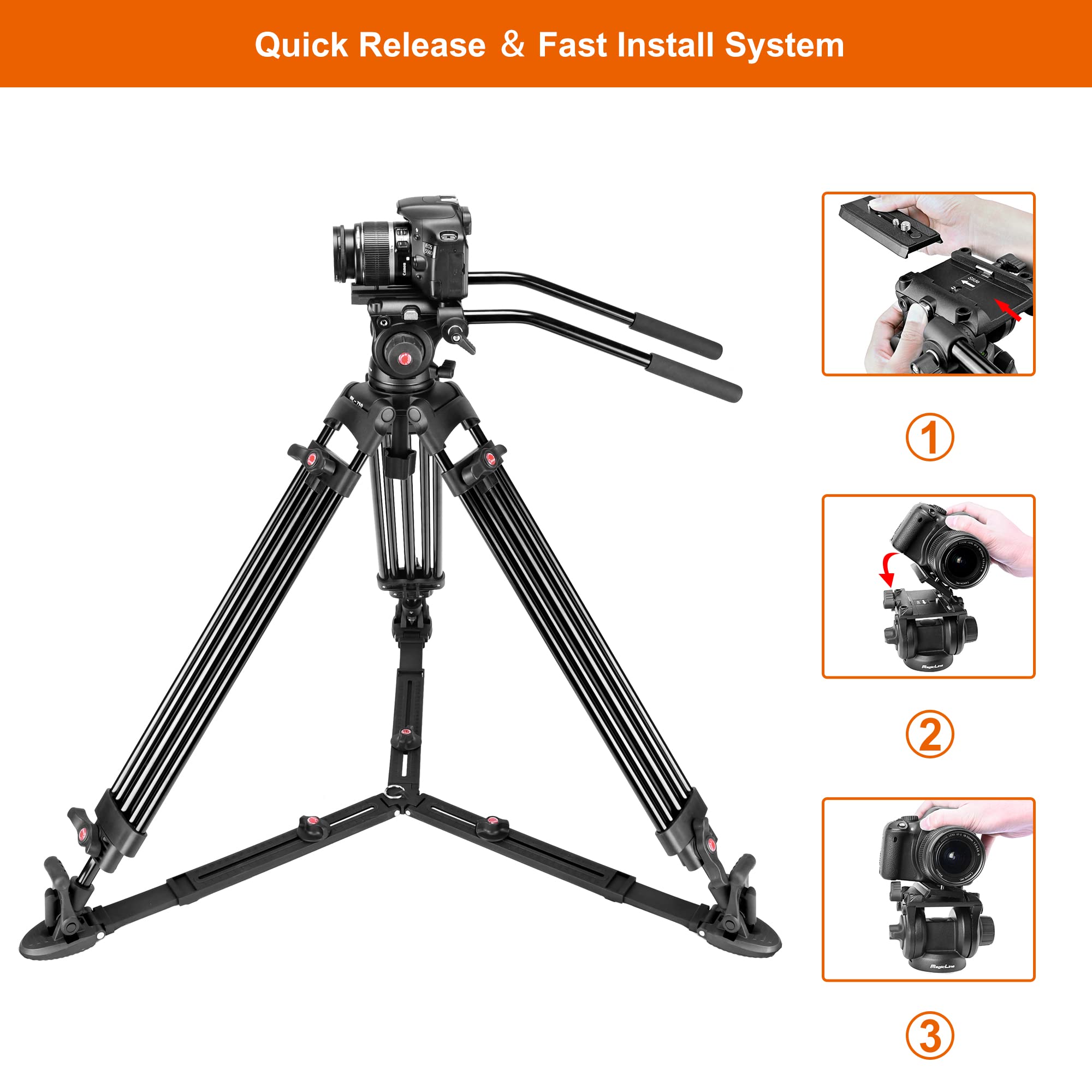 Magicline 68.7 Inch Heavy Duty Aluminum Video Camera Tripod With Fluid Head, 2 Pan Bar Handles, Adjustable Ground Spreader,Qr Pl