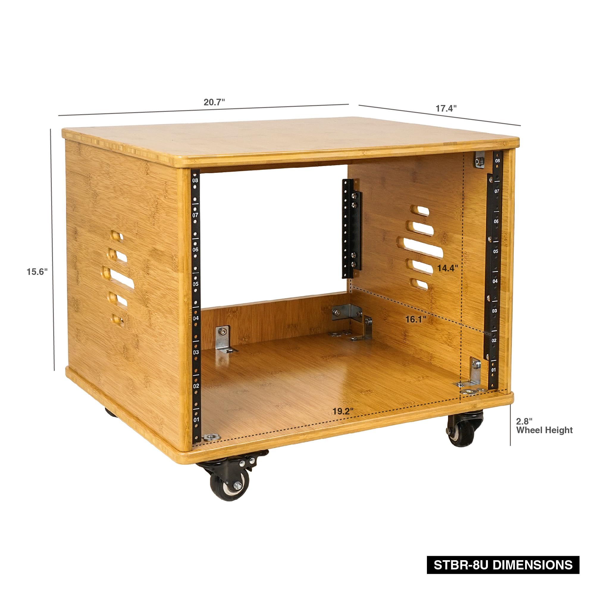 Sound Town Diy 8U Solid Carbonized Bamboo Studio Rack W/ 16'' Depth, Ventilation, Rubber Feet, Casters For Recording Room, Pa/Dj