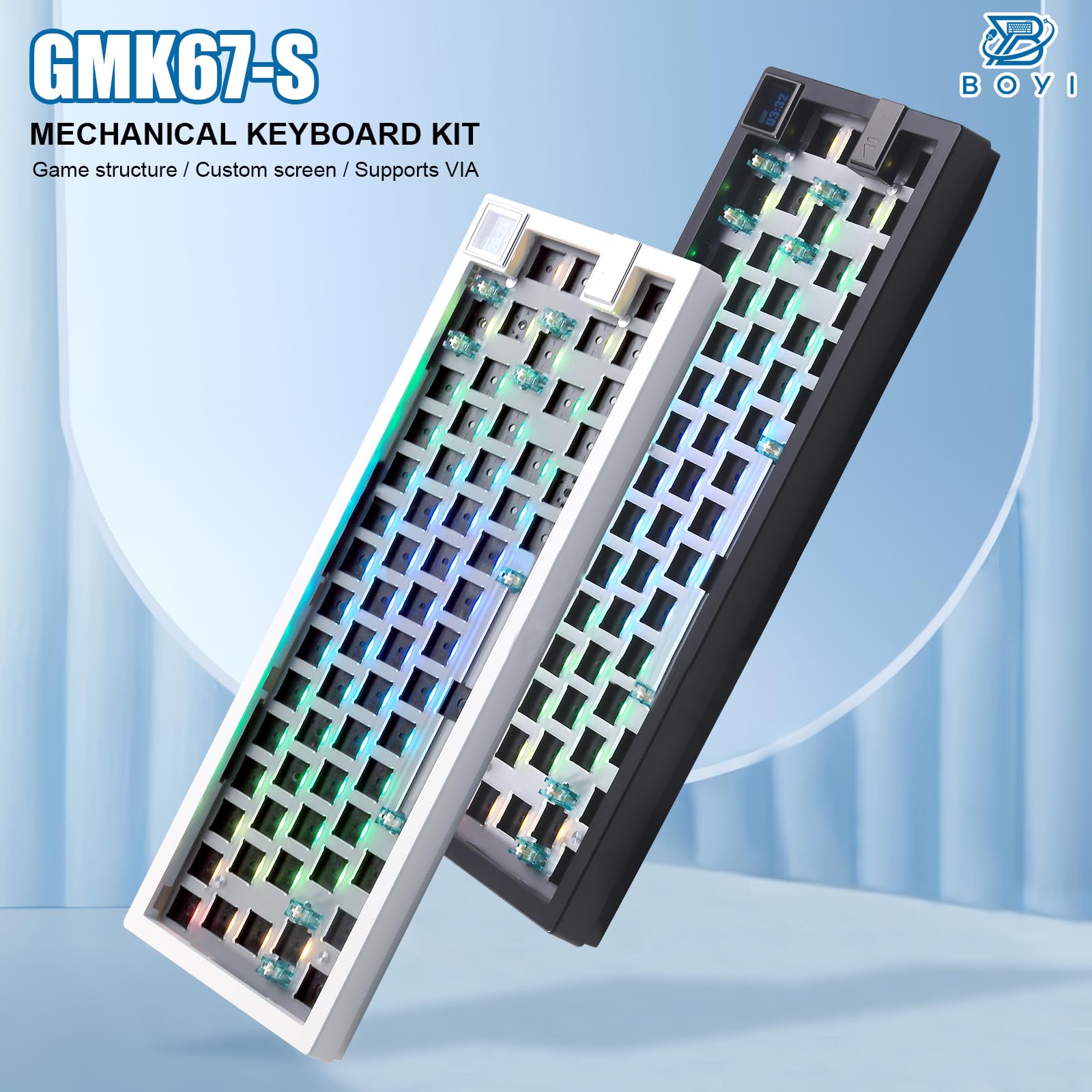 Boyi Gmk67S 65% Keyboard Kit,Hot Swappable Bt5.0/2.4G/Type C Tri Mode Wireless Rgb Mechanical Keyboard Gasket Mounted Kit,Custom