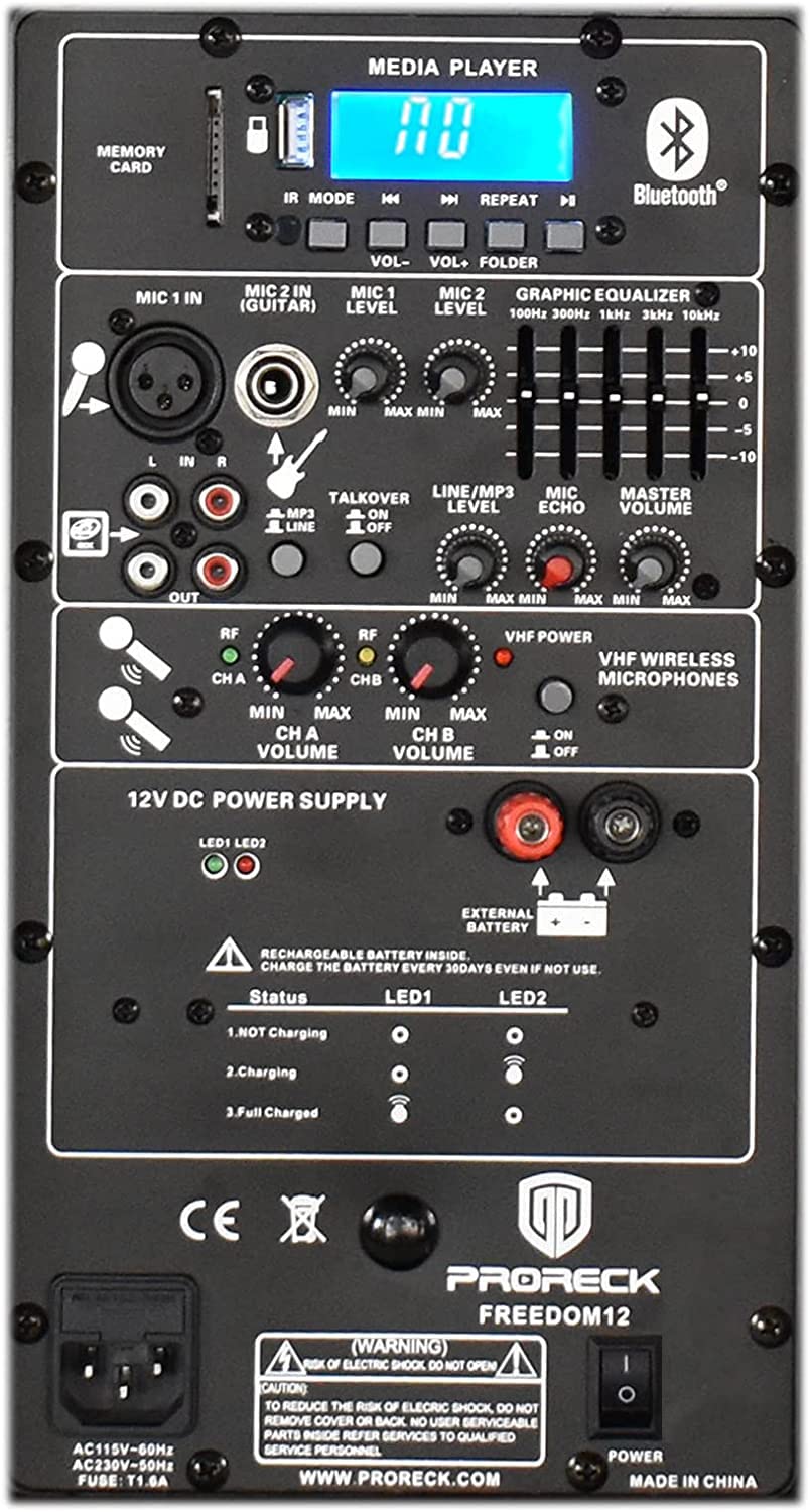 Proreck Freedom 12 Portable Wireless 12-Inch 500 Watt Powered Dj/Pa Speaker Rechargeable Karaoke System With Bluetooth/Usb Drive