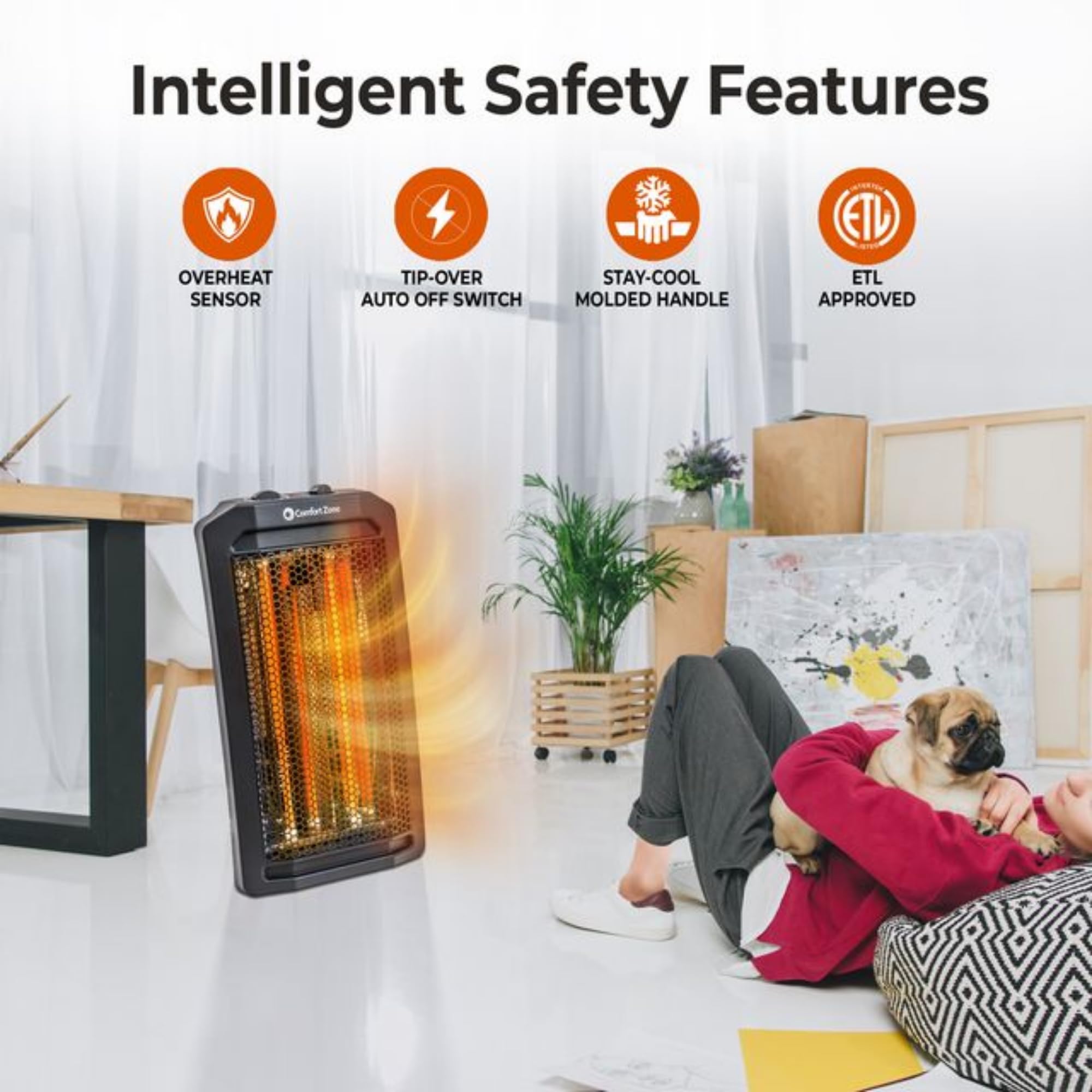 Comfort Zone Space Heaters For Indoor Use, Portable Electric Heater, Adjustable Thermostat, Infrared Heat, Quartz Tower Space He