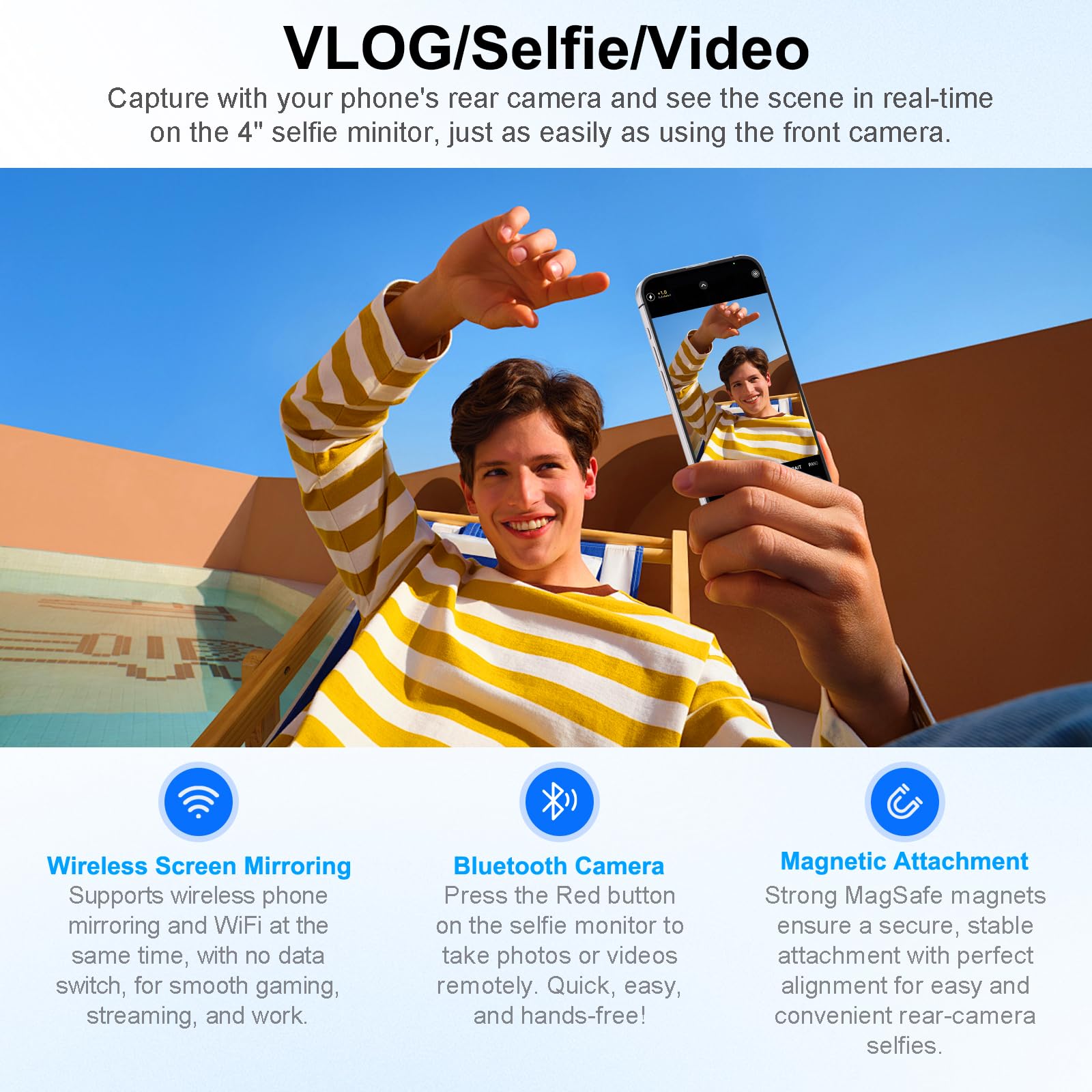 Xbonfire 4'' Magnetic Phone Vlog Selfie Monitor Screen, 4K Wireless Recording, Phone Selfie Monitor Screen Back Camera Monitor F