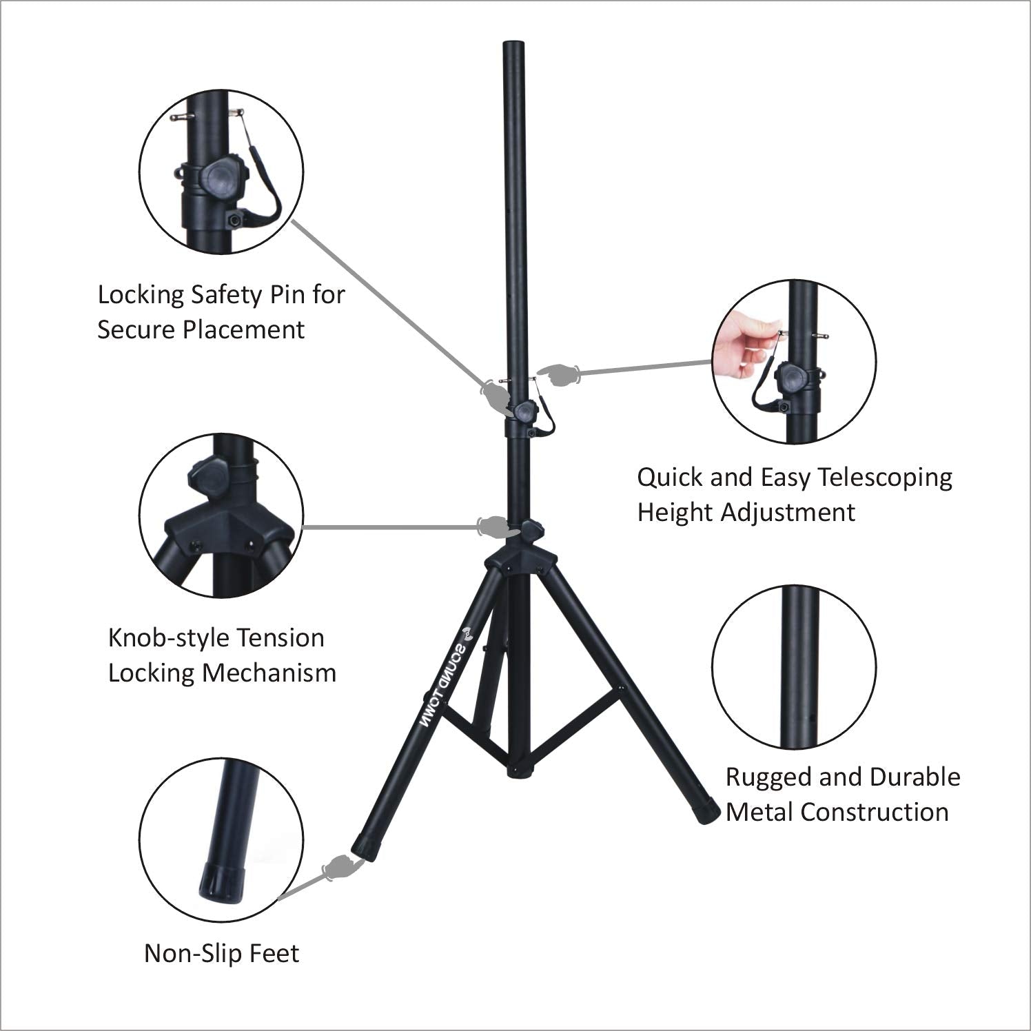 Sound Town 2-Pack Universal Tripod Speaker Stands With Adjustable Height, 35Mm Compatible Insert, Locking Knob And Shaft Pin, Bl