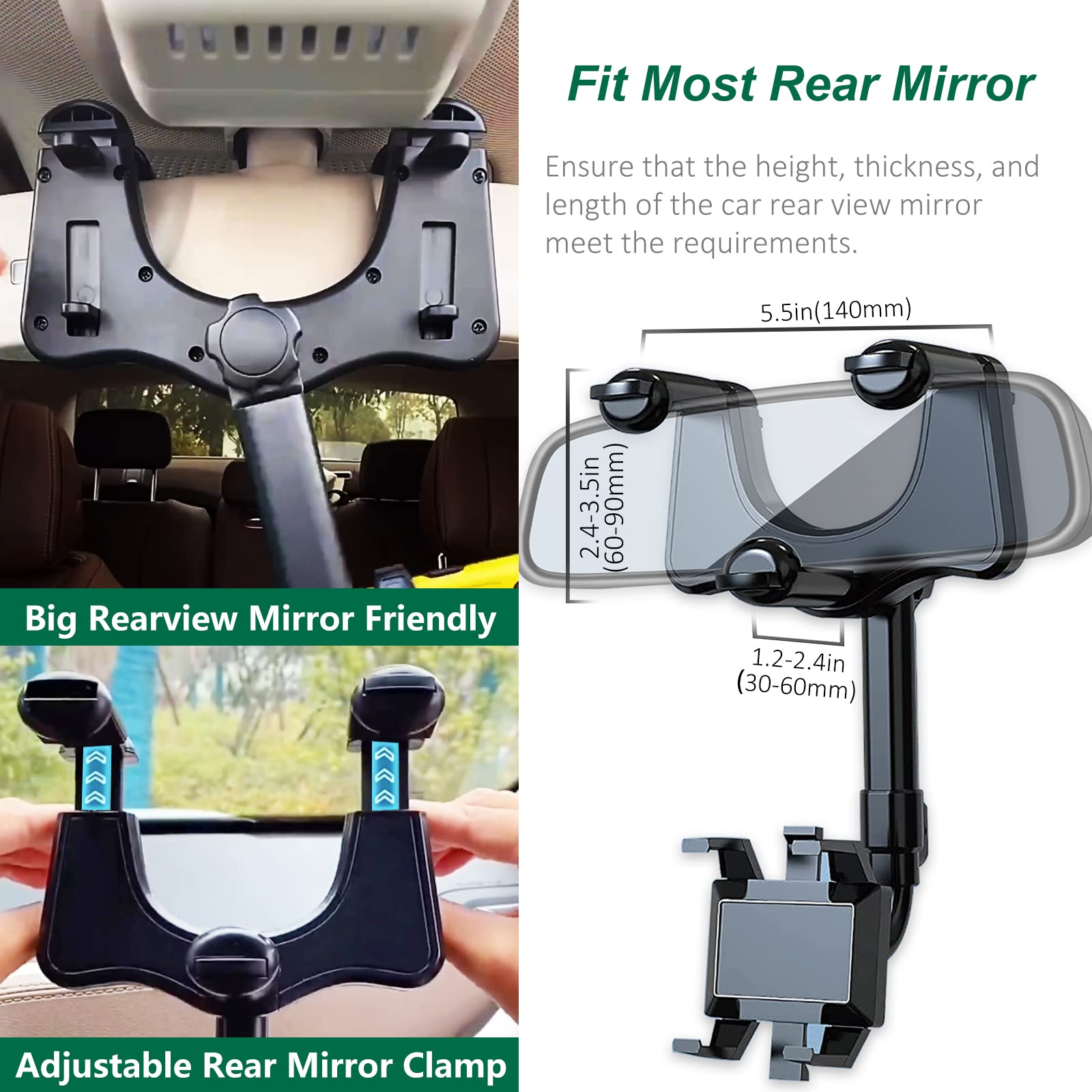 Pkyaa Rearview Mirror Phone Holder For Car, 360� Rotating Rear View Mount With Adjustable Arm Length, Multifunctional And Gps Universal Car All Smartphones
