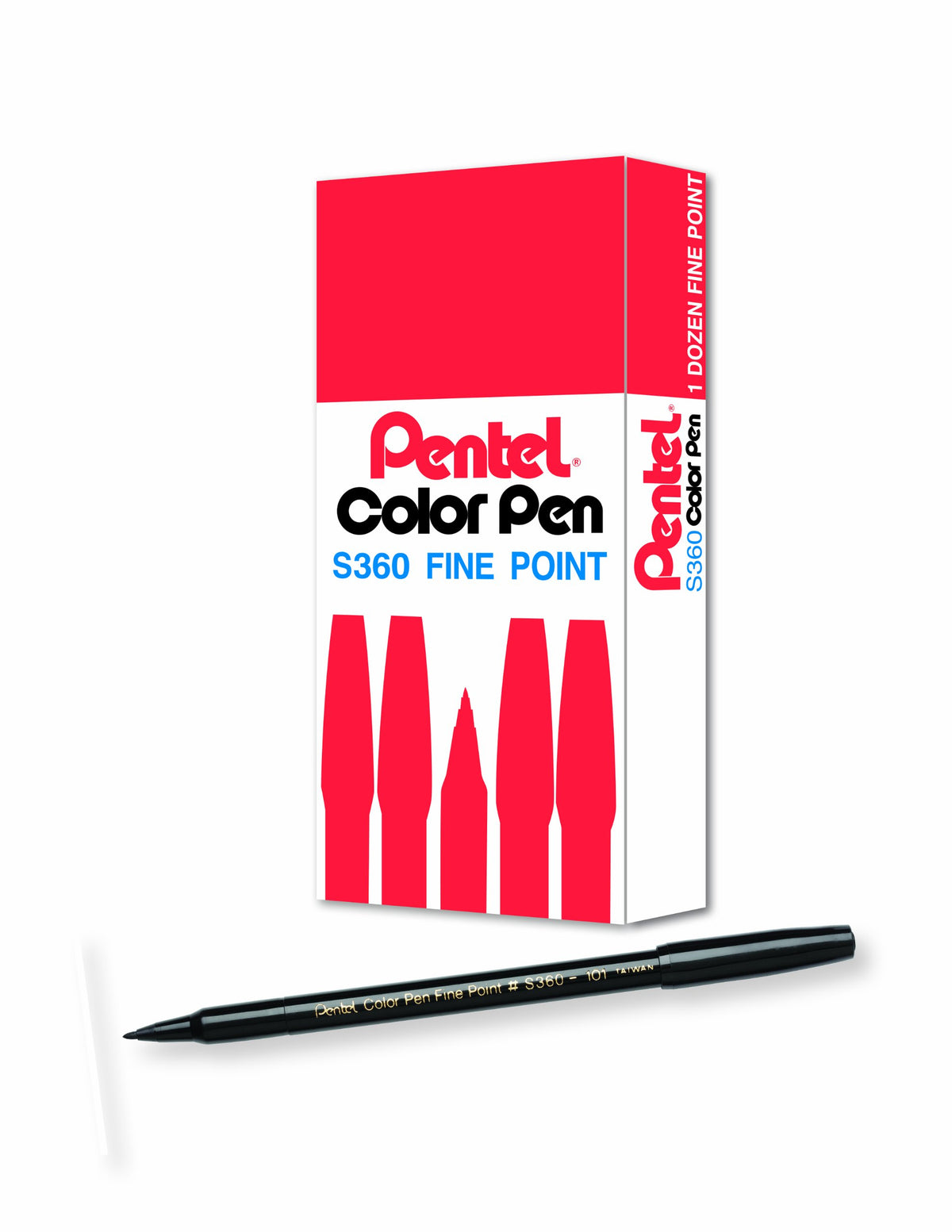 Pentel Arts Color Pen, Black, Box Of 12 (S360 T101)