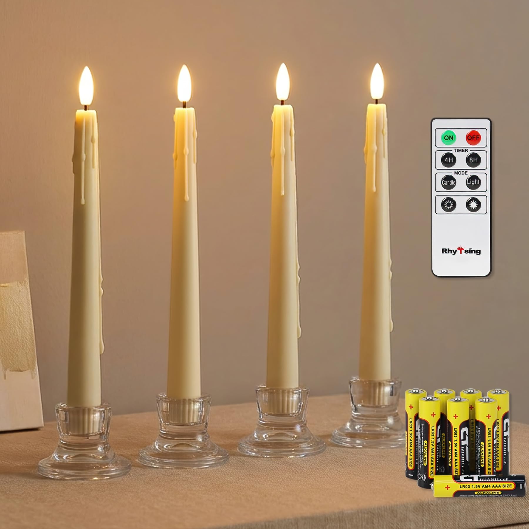 Rhytsing 9.6 inches Natural White Flameless Taper Candle with Remote, Battery Operated Led Dinner Candles with Timer, Wax Drippi