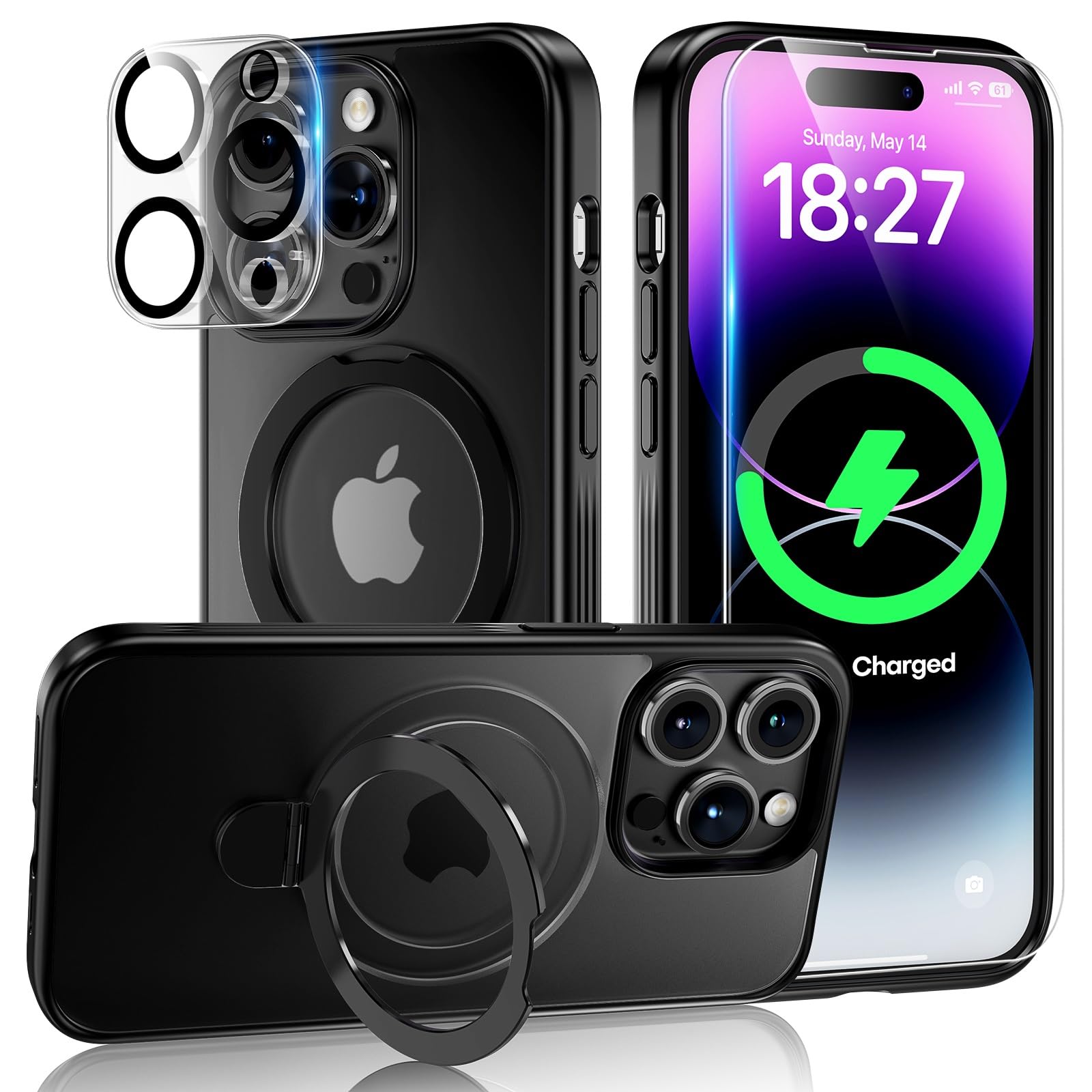 Tauri Magnetic For Iphone 14 Pro Max Case Black, [Designed For Magsafe] With Stand & Ring Holder, Translucent Matte Phone Case