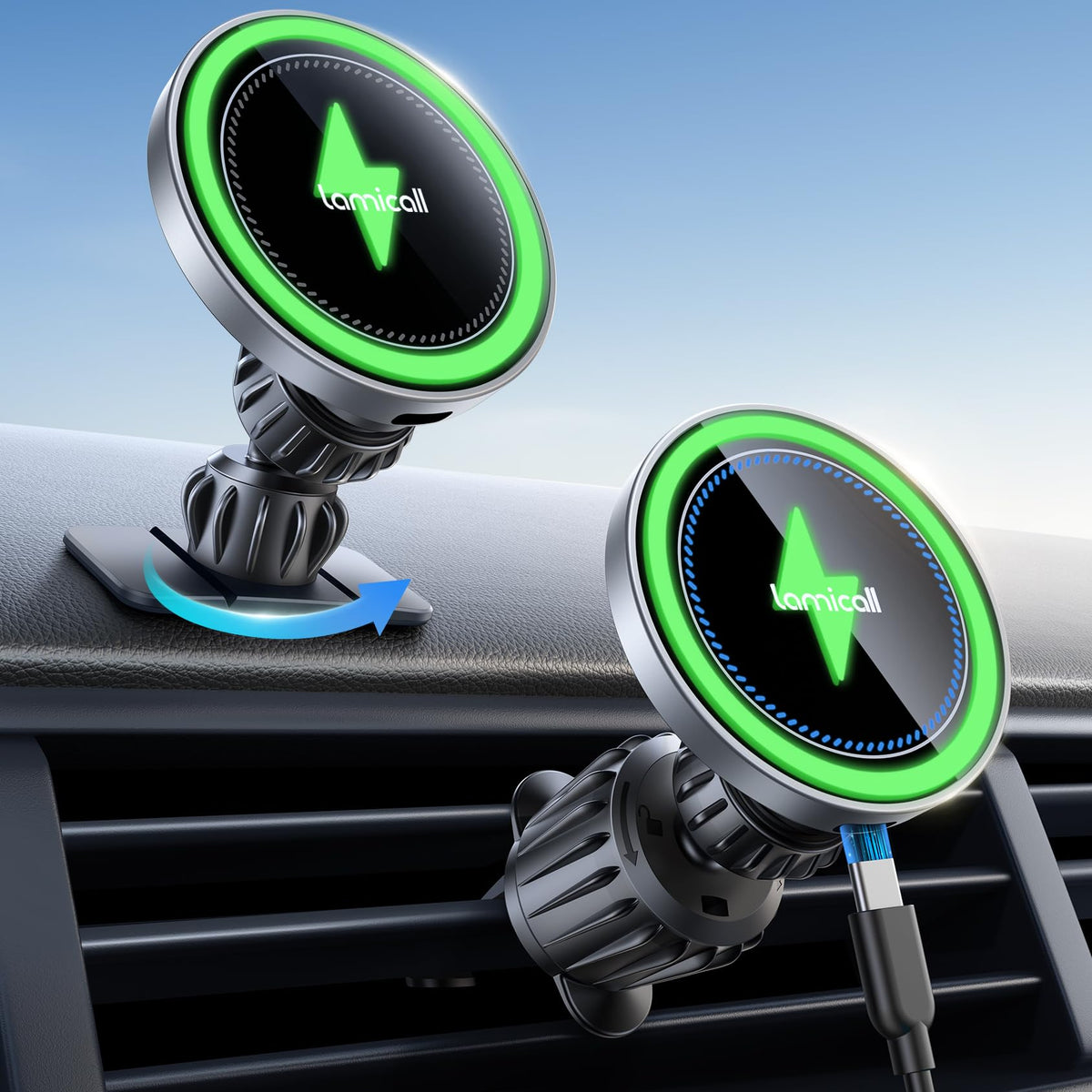 Lamicall 15W Wireless Car Mount Charger - [3-In-1 Upgraded Intelligent Chip] 360 Wireless Car Phone Holder Charger Vent Dashboar