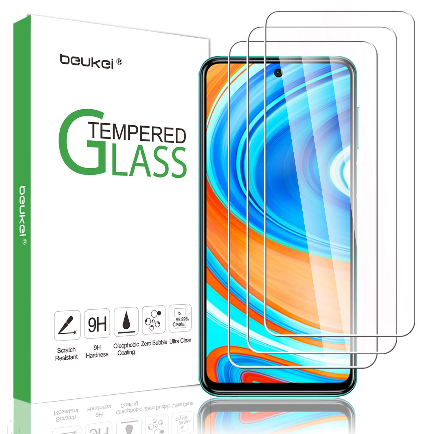 Beukei (3 Pack) For Xiaomi Redmi Note 9S / Redmi Note 9 Pro 5G / Redmi Note 9 Pro Screen Protector Tempered Glass, Anti Scratch,