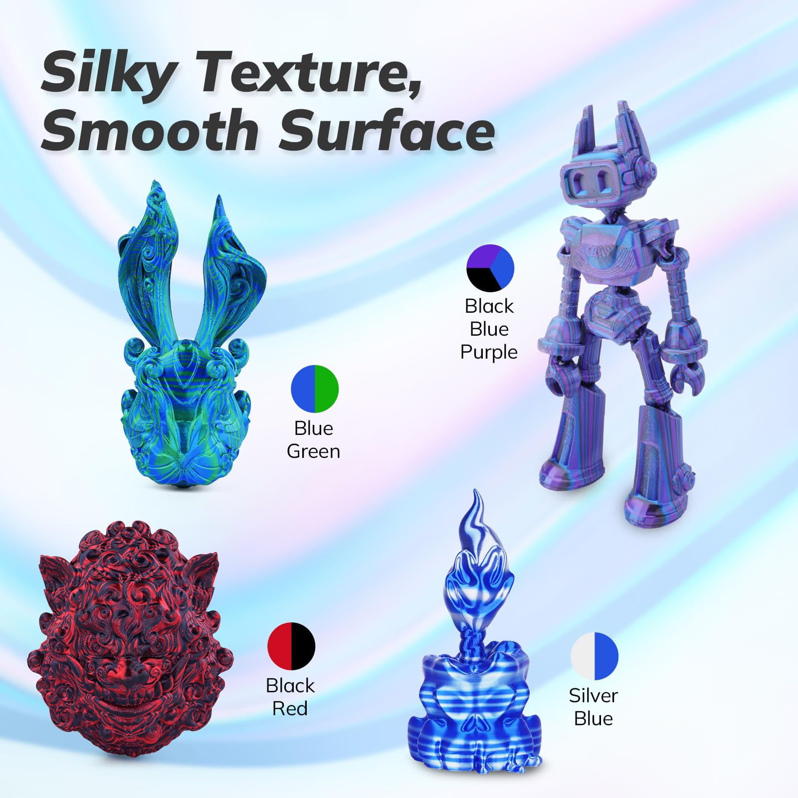 Amolen Silk Pla 3D Printer Filament Bundle, Shiny Pla Filament 1.75Mm Multicolor Rainbow Pack, Fast Color Change Pla 3D Printing