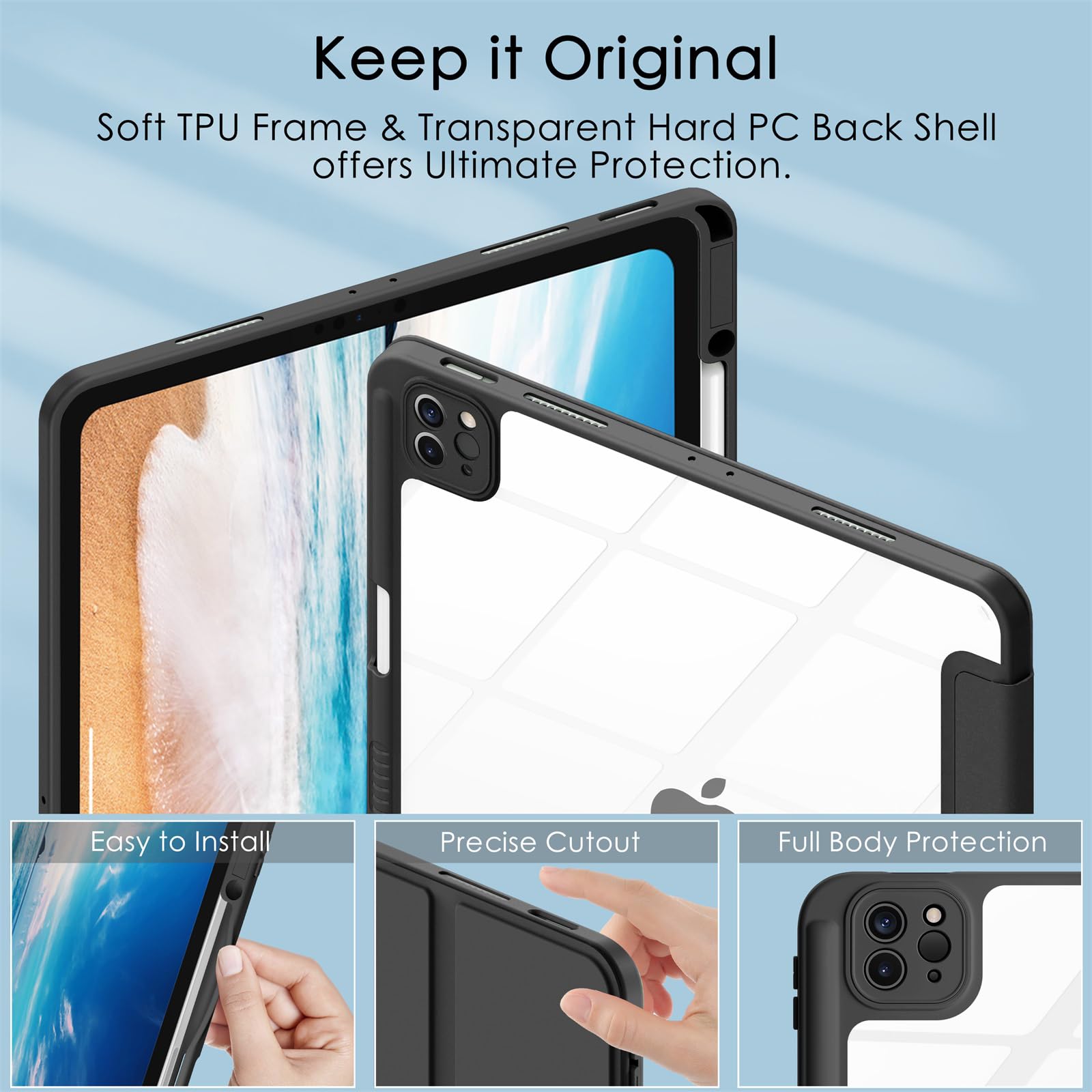 Soke Case For Ipad Pro 12.9 Inch (6Th/5Th/4Th/3Rd Generation, 2022/2021/2020/2018)   Pencil Holder + Auto Sleep/Wake + Camera Protection, Transparent Shockproof Back Cover,Black