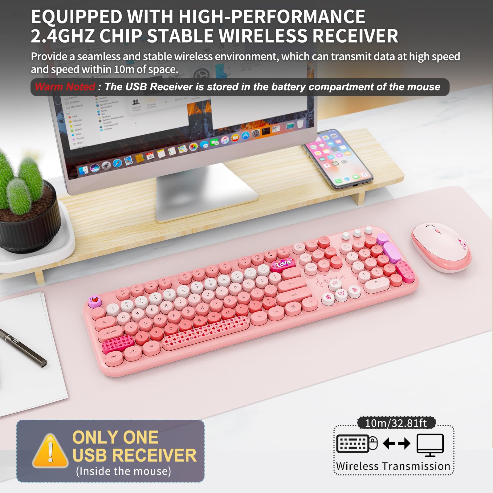Wireless Keyboard And Mouse Combo, 104 Round Keys Full Size Cute Color ...