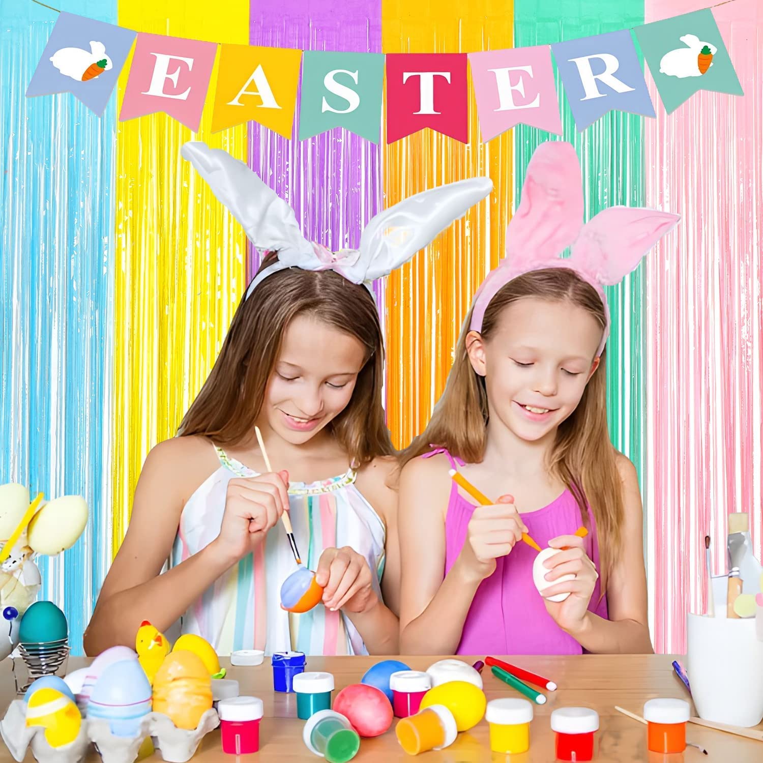 Braveshine Metallic Tinsel Foil Fringe Curtains   2Pcs 3.2X8.2Ft Pastel Colourful Photo Backdrop For Sweet Birthdays Easter Bunn