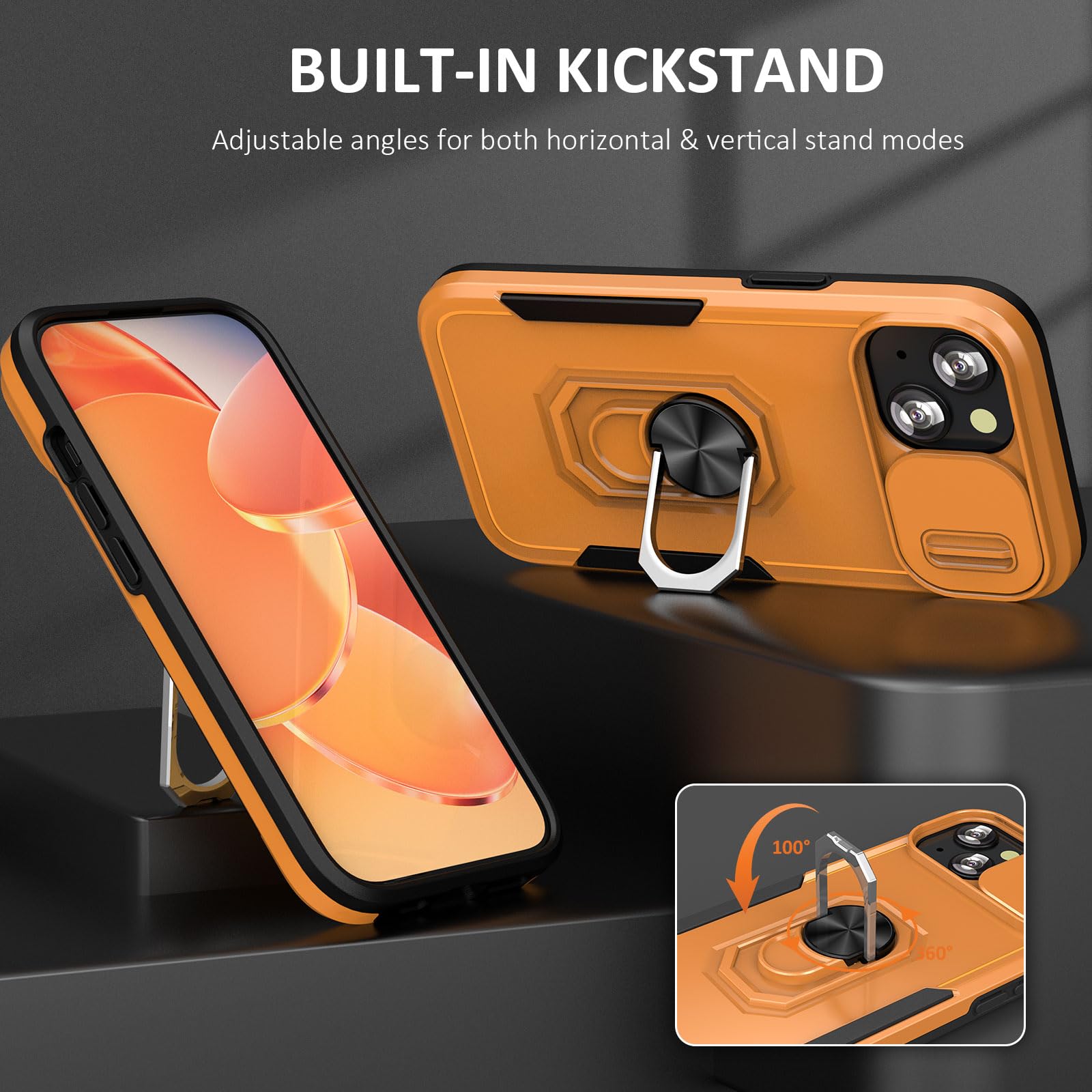 Sefing Phone Case For Iphone 15 Case With Slide Camera Cover, With Finger Ring Holder Stand, Fit Magnetic Car Mount, For Iphone