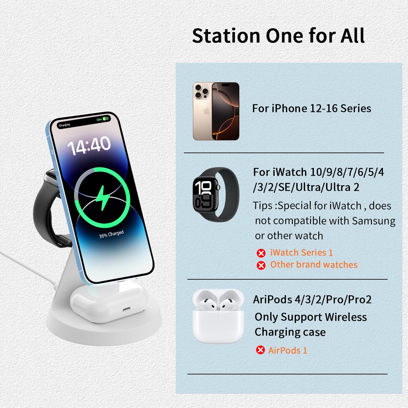 3 In 1 Charging Station Compatible With Magsafe Charger Wireless Charging Station For Iphone 16 15 14 13 12 Series Wireless Char