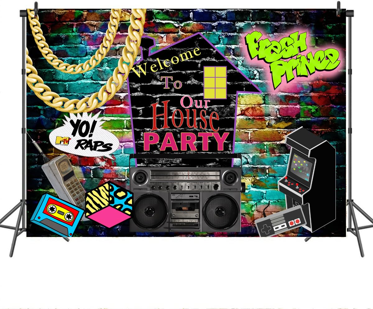 Mocsicka 90S House Party Backdrop Hip Hop 80'S 90'S Theme Party Decorations Graffiti Brick Wall Fresh Prince Retro Music Rock Punk 90S Background Banner Photo Studio Props(7X5Ft)