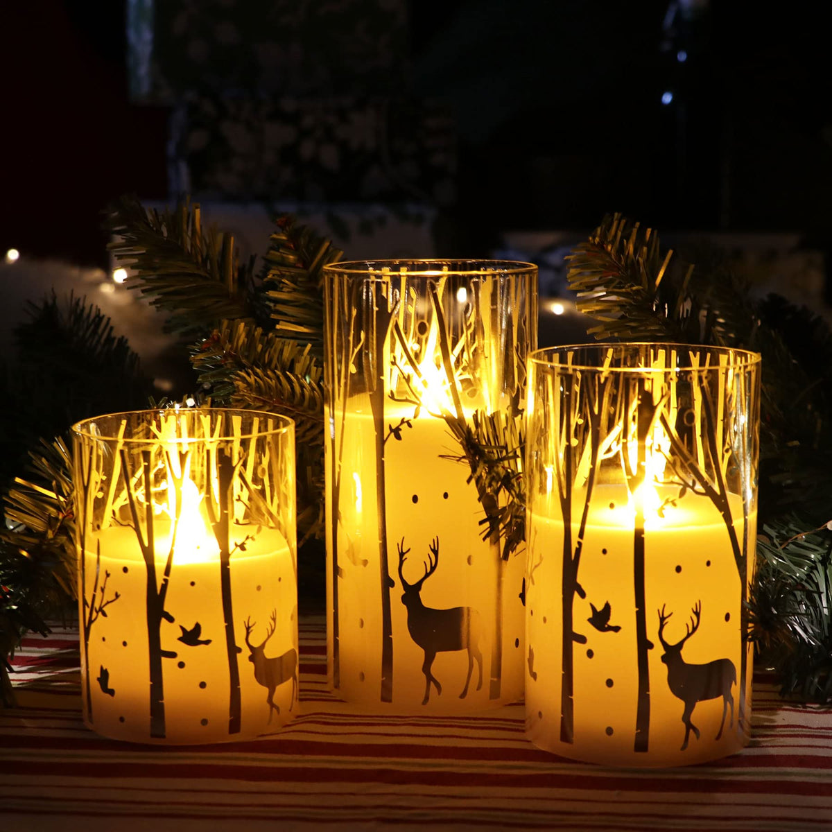 Rhytsing Silver Reindeer Design Glass Battery Operated Led Candles With 6H Timer, Christmas Flameless Candles With Warm White Li