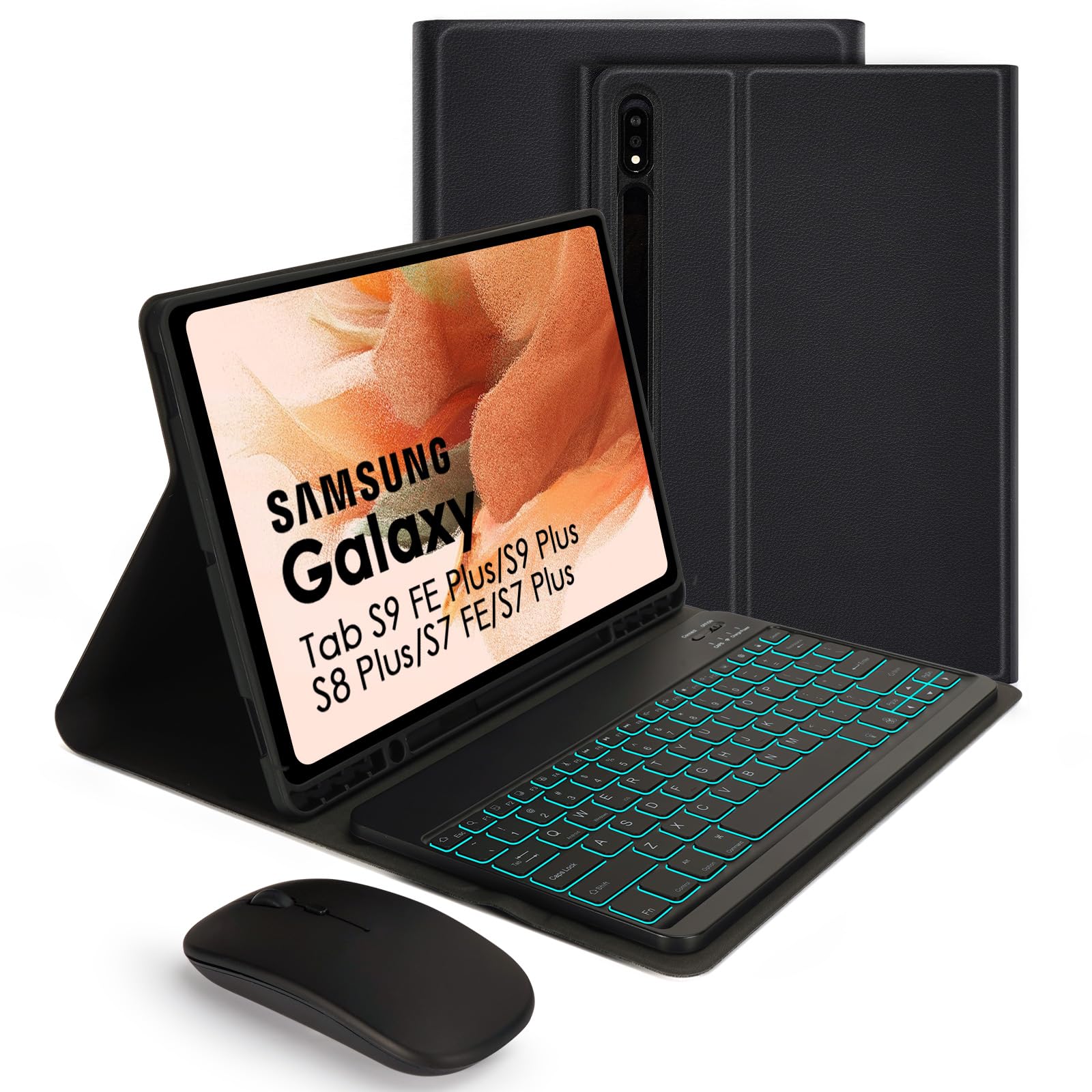 Soppy 7 Colors Backlit Keyboard Case With Mouse For 12.4'' Samsung Galaxy Tab S7 Fe/S7 Plus/S8 Plus/S9 Fe Plus/S9 Plus, Wireless