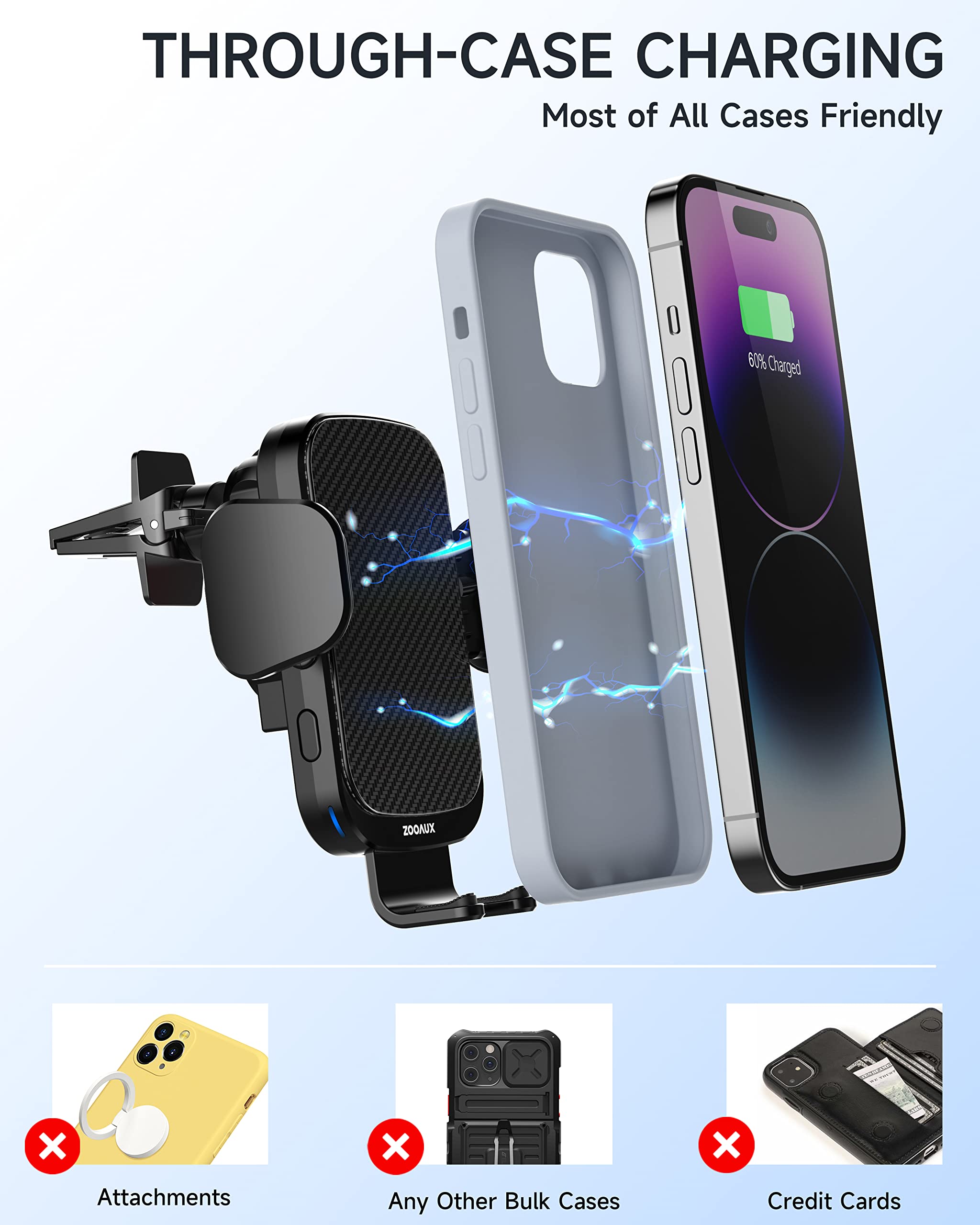 Zooaux Wireless Car Charger Vent Mount, 15W Fast Charging Auto Clamping Car Mount, Air Vent Car Phone Holder For Iphone 15/15 Pr