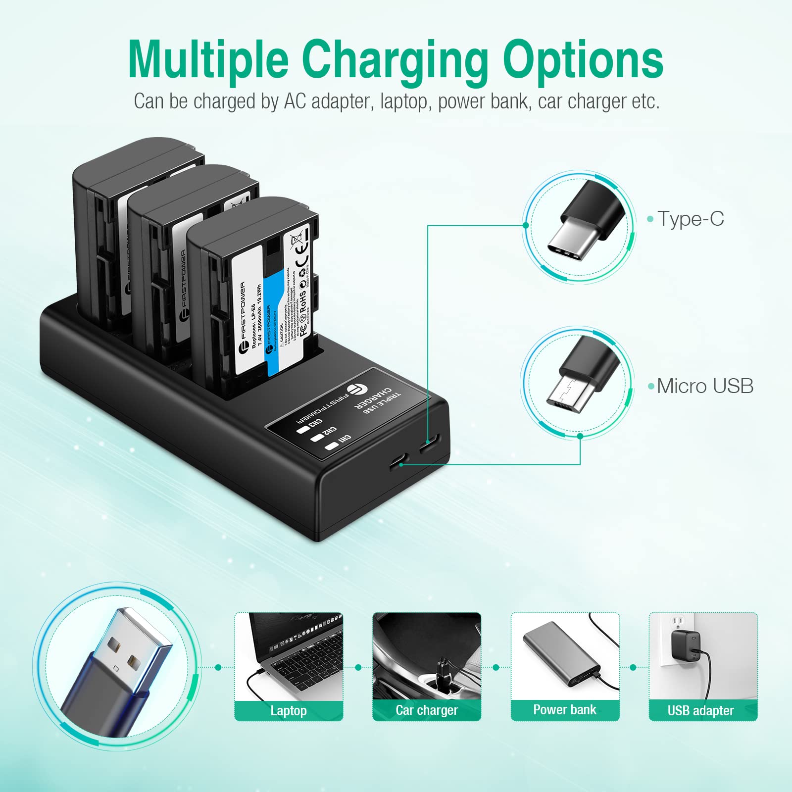 FirstPower LP-E6 LP-E6N 2600mAh Camera Battery 3-Pack & Triple Charger for Canon EOS 5D, 6D, 7D, 60D, 70D, 80D, 90D Black