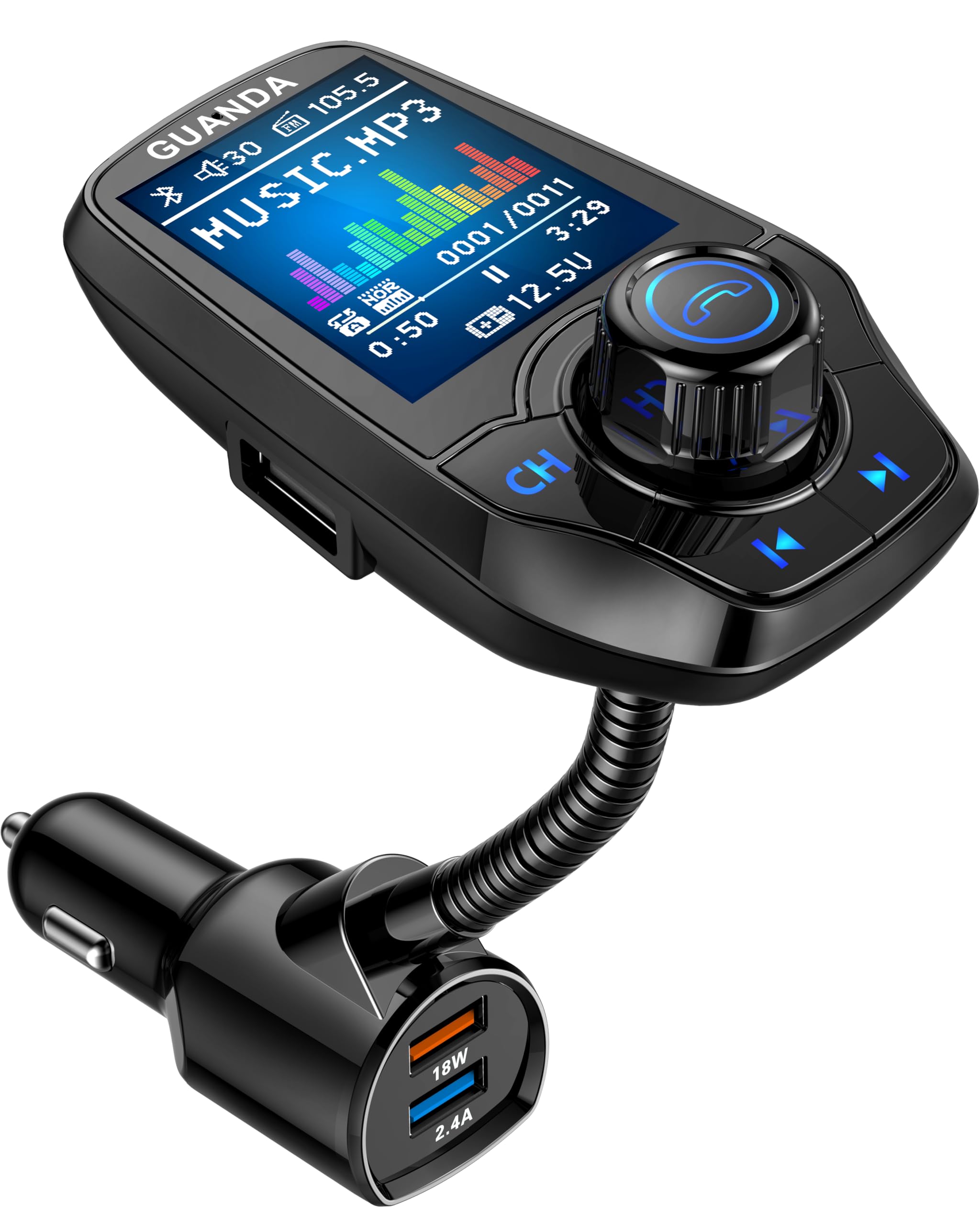 Bluetooth FM Transmitter for Car, 1.8 Display, AUX in/Out, 18W Fast Charge