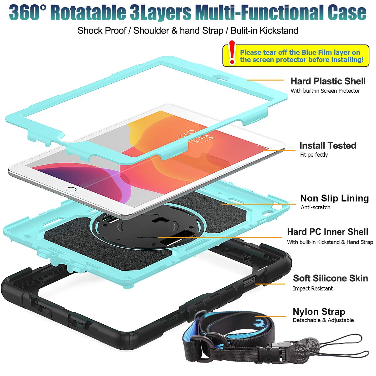 Seymac Stock Ipad 9Th/8Th/7Th Generation Case, [Full Body] [Drop Proof] Case With [Screen Protector] [360 Rotate Stand] Hand Str