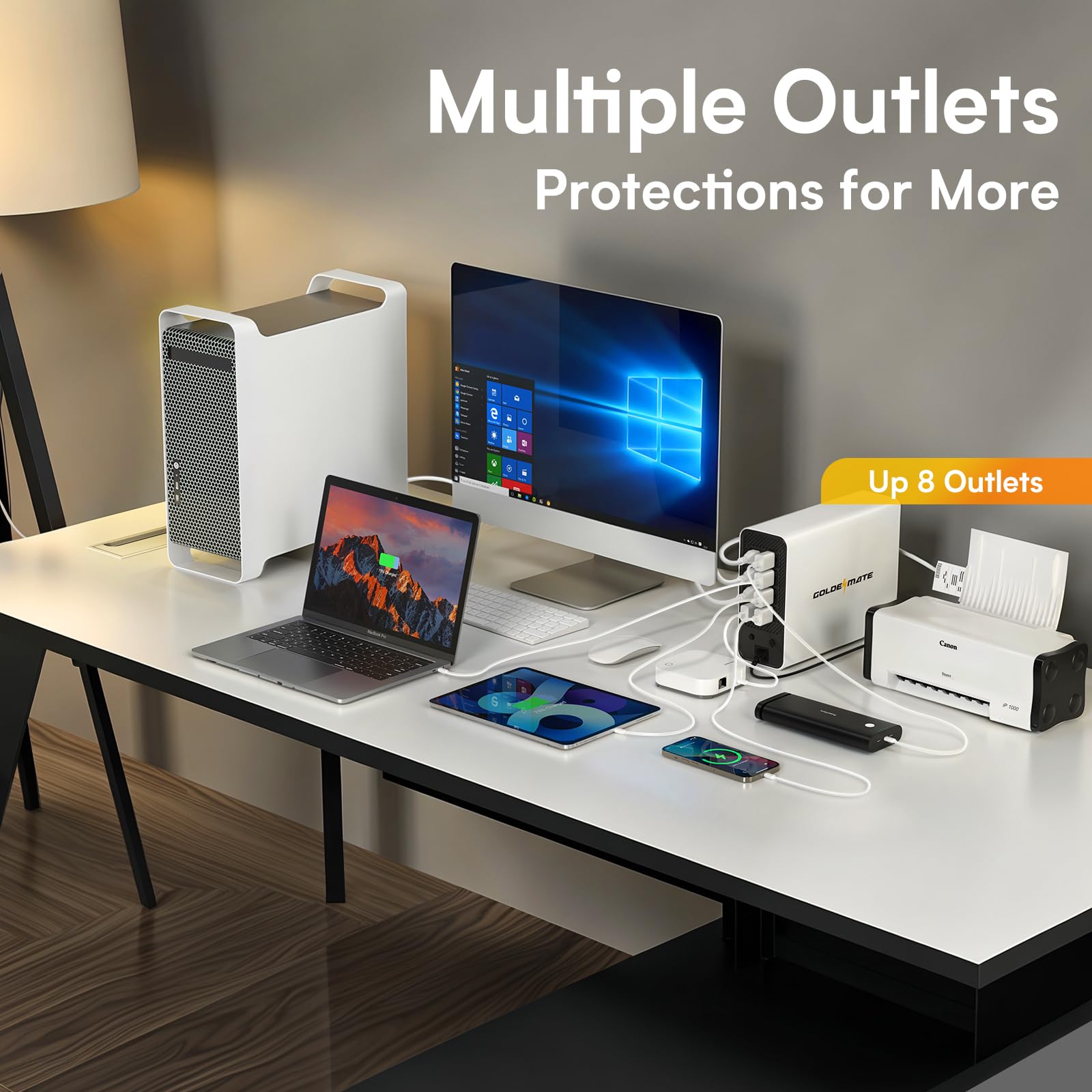 Goldenmate 1000Va/800W Ups Battery Backup And Surge Protector, Backup Battery Power Supply With Lifepo4 Battery, Bms & Cooling F