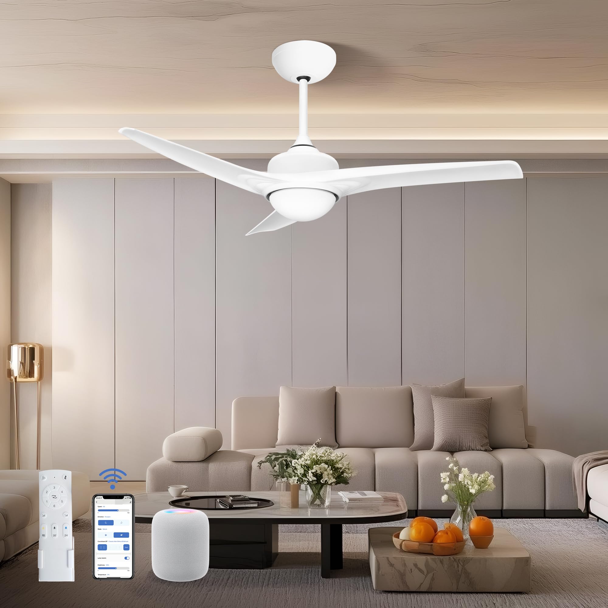 Lac D' Lightings 52 Inch Ceiling Fan With Light, Low Profile Ceiling Fans With Lights And Remote, Smart Fans, Flush Mount Garage