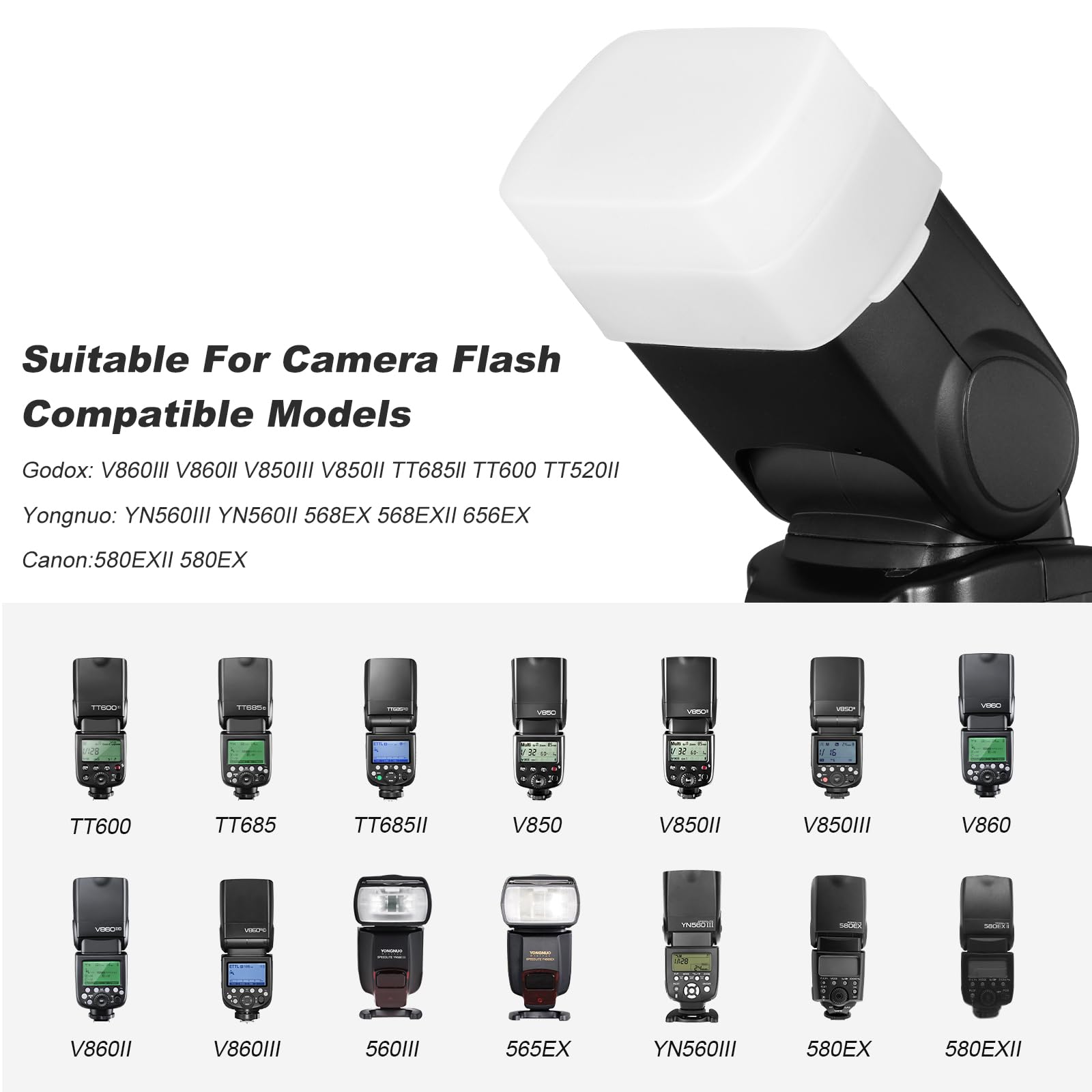 Soonpho 3Pcs Flash Diffuser, White Bounce Light Diffuser Kit Compatible For Godox, Canon, Nikon, Sony, Olympus, Fuji Hot Shoe Mo