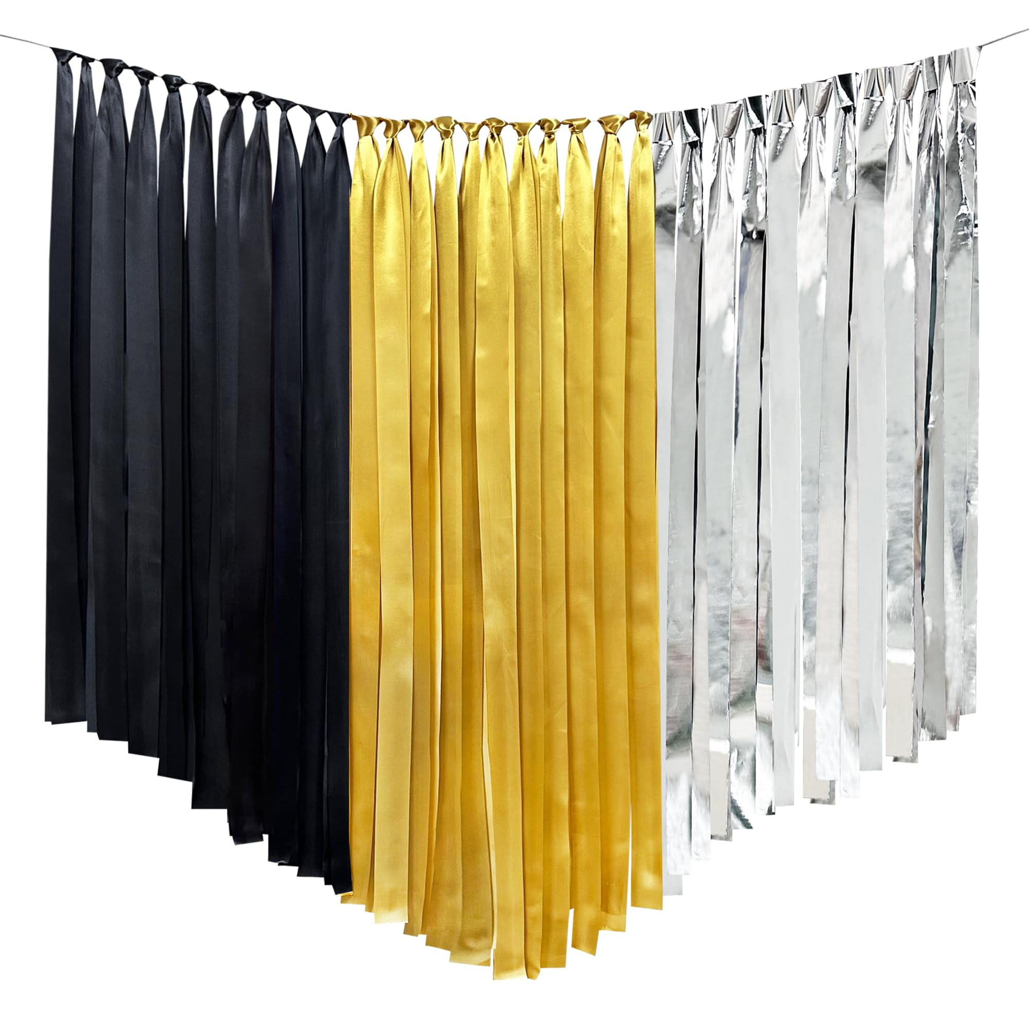 Gold Silver Black Party Decorations Streamer Backdrop 197 Ft  1.97'' Wide Satin Ribbon Fringe Hanging Garland For Birthday Weddi