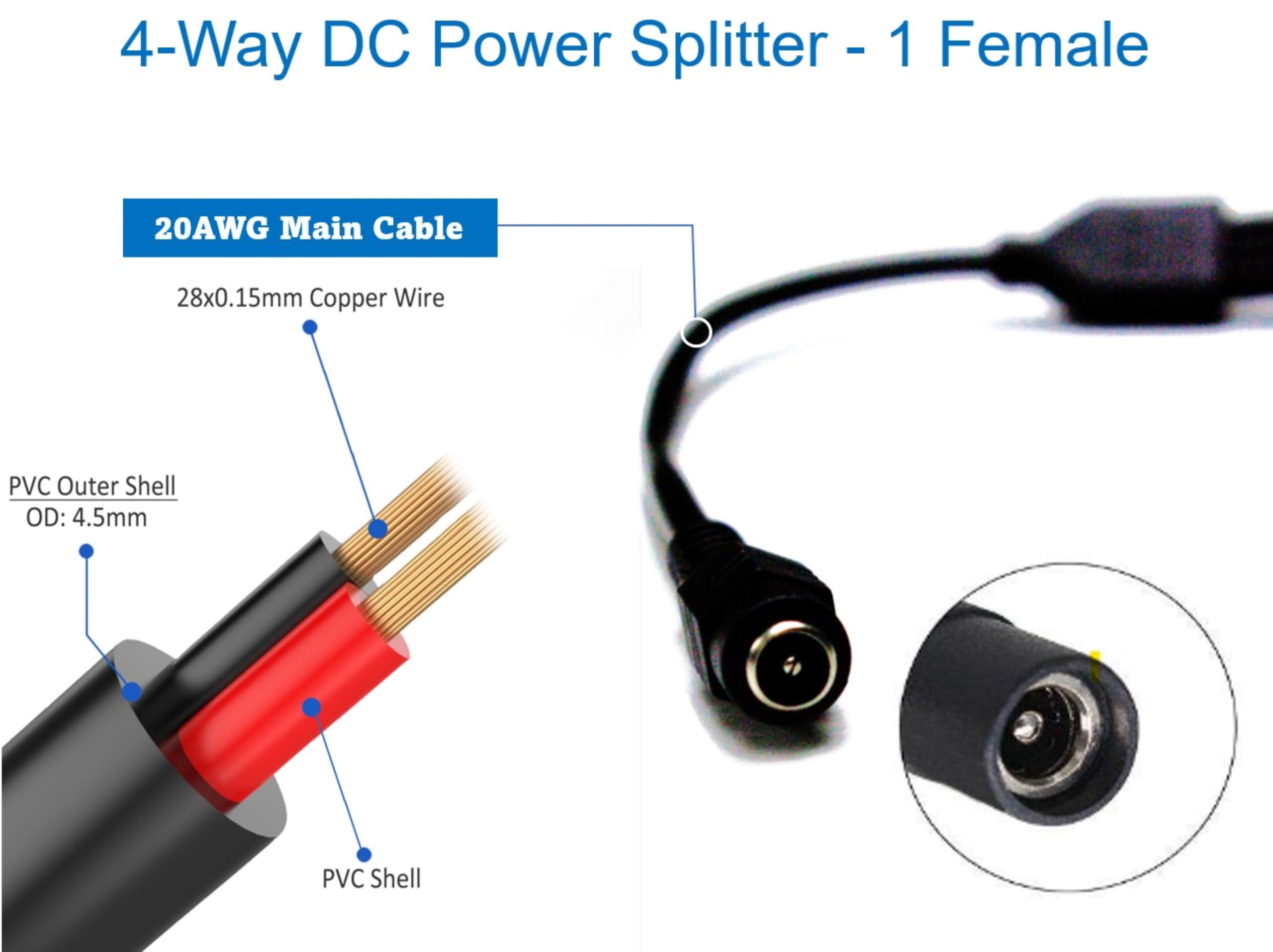 Soltech [2 Pack] 4Way Dc Power Supply Splitter For Security Cameras 1 Female To 4 Male 5.5 * 2.1Mm 4 Channel Y Adaptor For 12V C