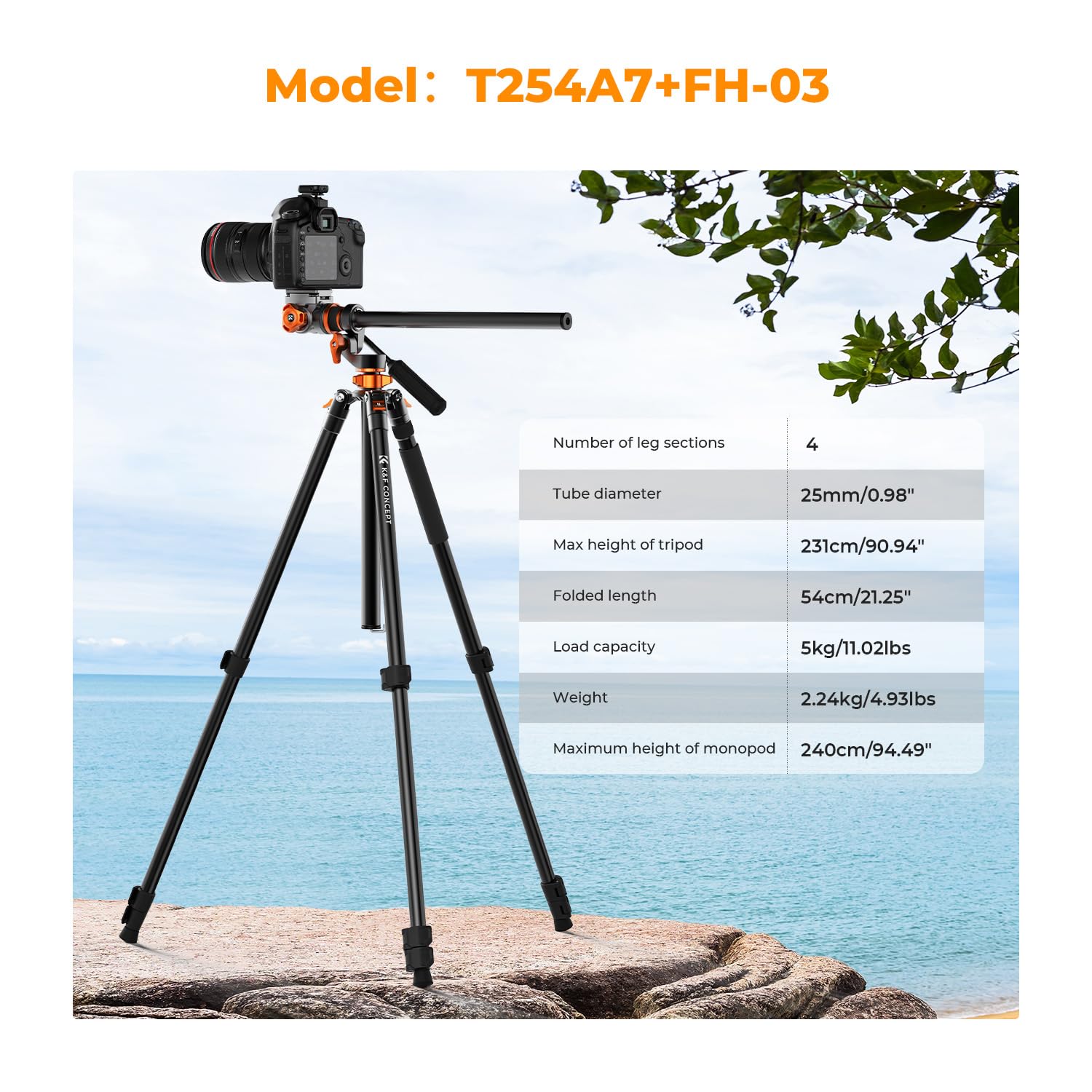 K&F Concept 90 Inch/230Cm Overhead Camera Tripod, Horizontal Shooting Video Tripods With Fluid Head Heavy Duty 10Kg Load Capacity, Detachable Monopod, For Indoor And Outdoor Use T254A7+Fh 03