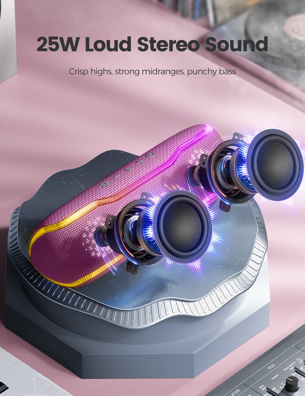 Portable Bluetooth Speaker, Ipx7 Waterproof Wireless Speakers With Colorful Flashing Lights, 24H Playtime, 100Ft Bluetooth Range, Outdoor, Home, Party, Tws Pairing For Women, Girls Gift   Pink