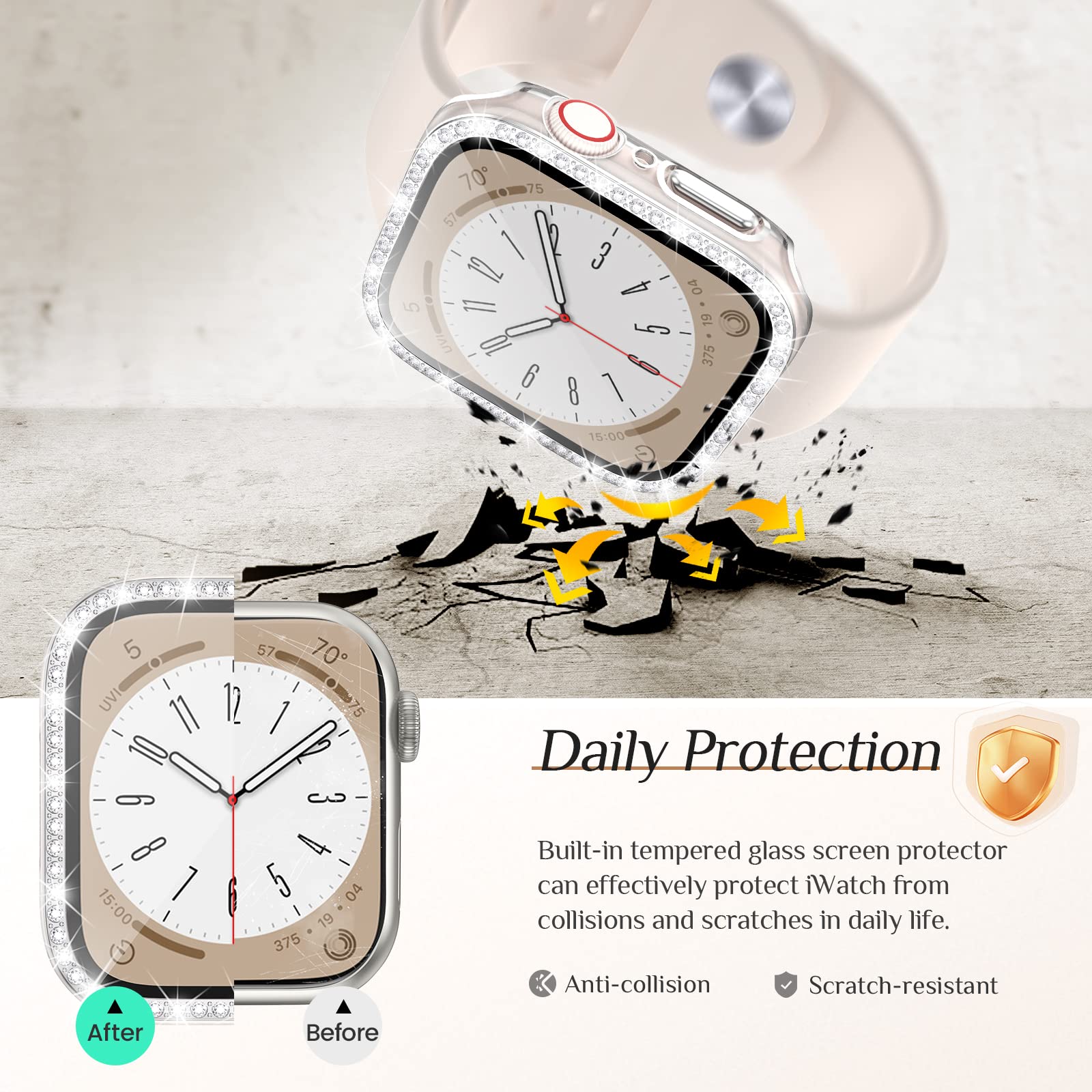 Goton 2 Pack Bling Screen Protector Case For Apple Watch Series 3 2 1 38Mm With Tempered Glass, Women Glitter Diamond Rhinestone