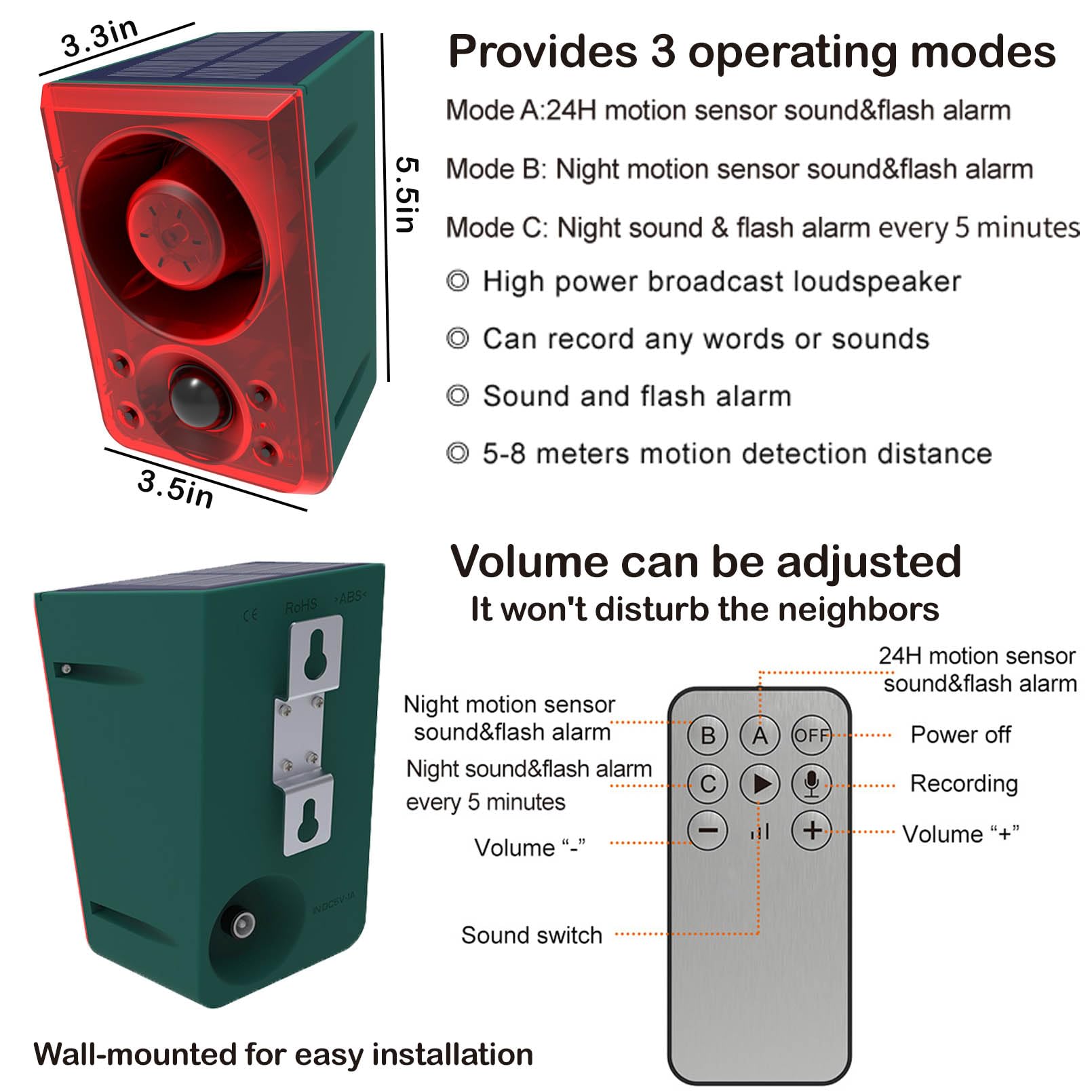 Solar Outdoor Motion Detector Alarm With 130Db Dog Barking & Gunshot Sounds, Usb Charging & Strobe Light, Deter Intruders Effect