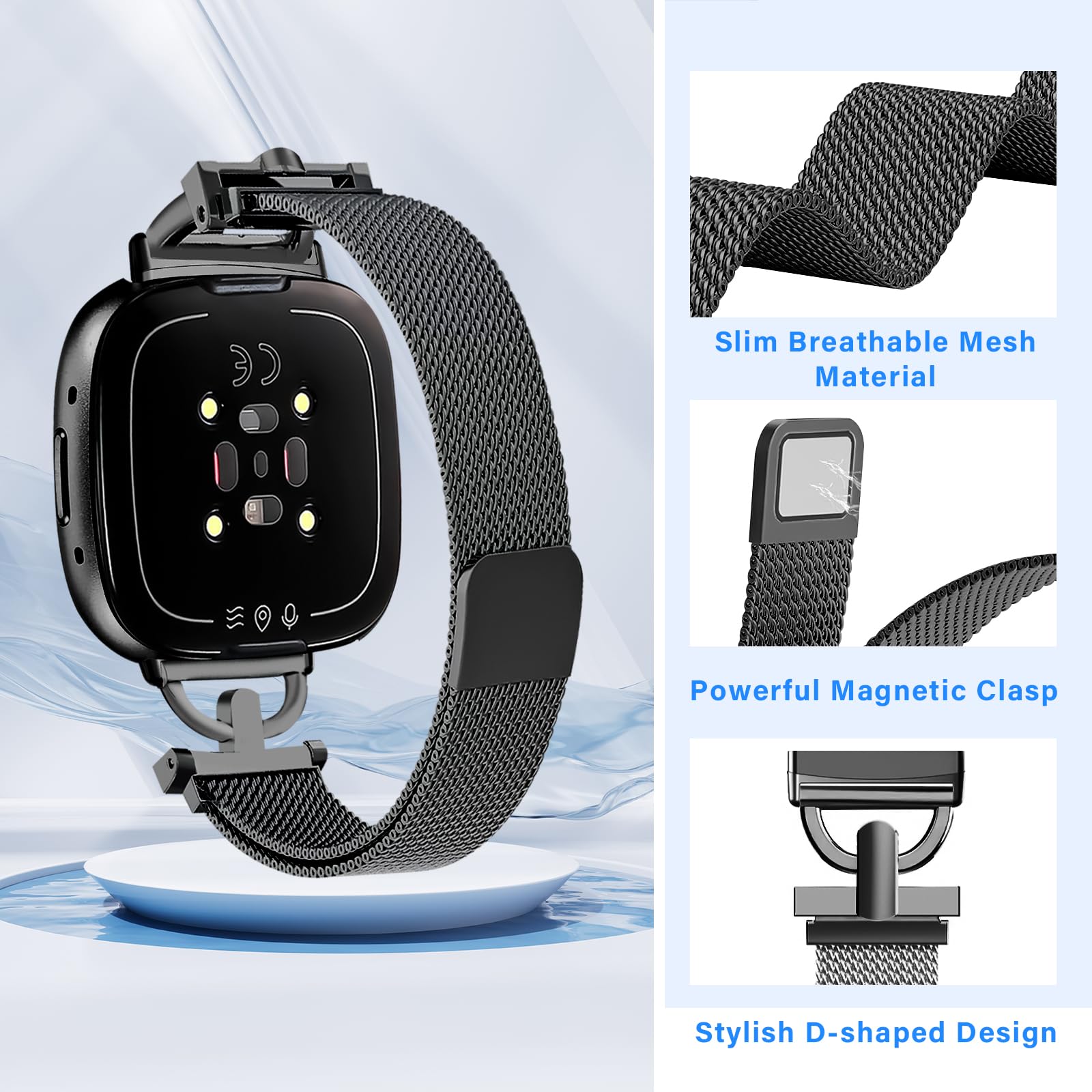 Hayonliy Magnetic Bands Compatible For Fitbit Versa 4/Fitbit Versa 3/Fitbit Sense 2/Fitbit Sense, Mesh Stainless Steel Thin Stra