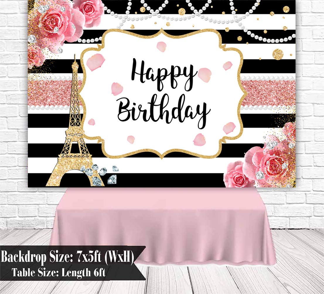 Sensfun Paris Birthday Backdrop Eiffel Tower French Theme Birthday Photo Background 7X5Ft Pink Roses Ooh La La Black White Stripes Floral Happy Birthday Backdrops Decorations