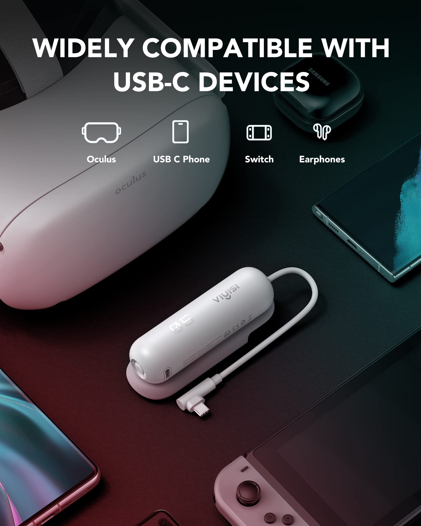 Viyisi Battery Pack For Oculus Quest 2, 5000Mah Portable Charger Accessories For Meta Quest 2 Headset, Power Bank For Vr Quest 2