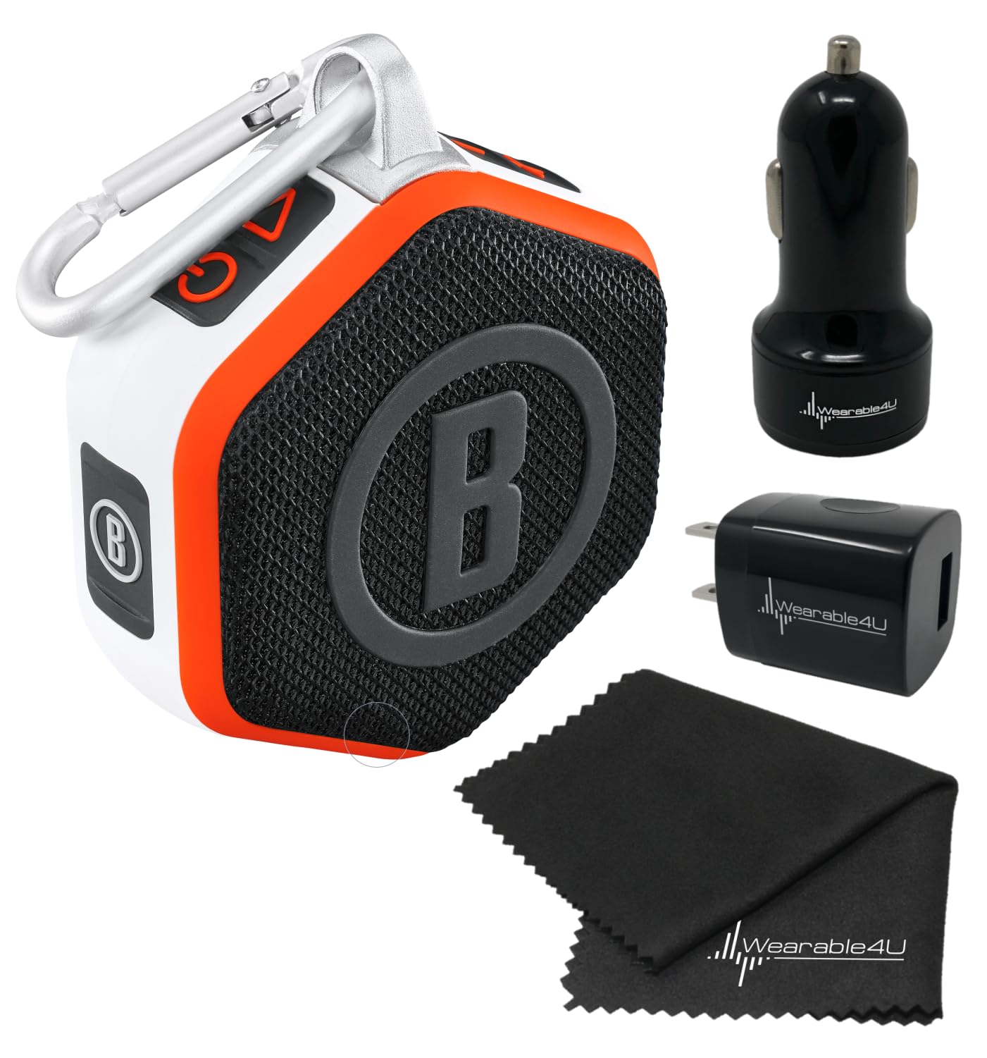 Bushnell Wingman Mini Orange/White GPS Bluetooth Speaker with Wearable4U Cleaning Cloth and Wall/Car Chargers Bundle
