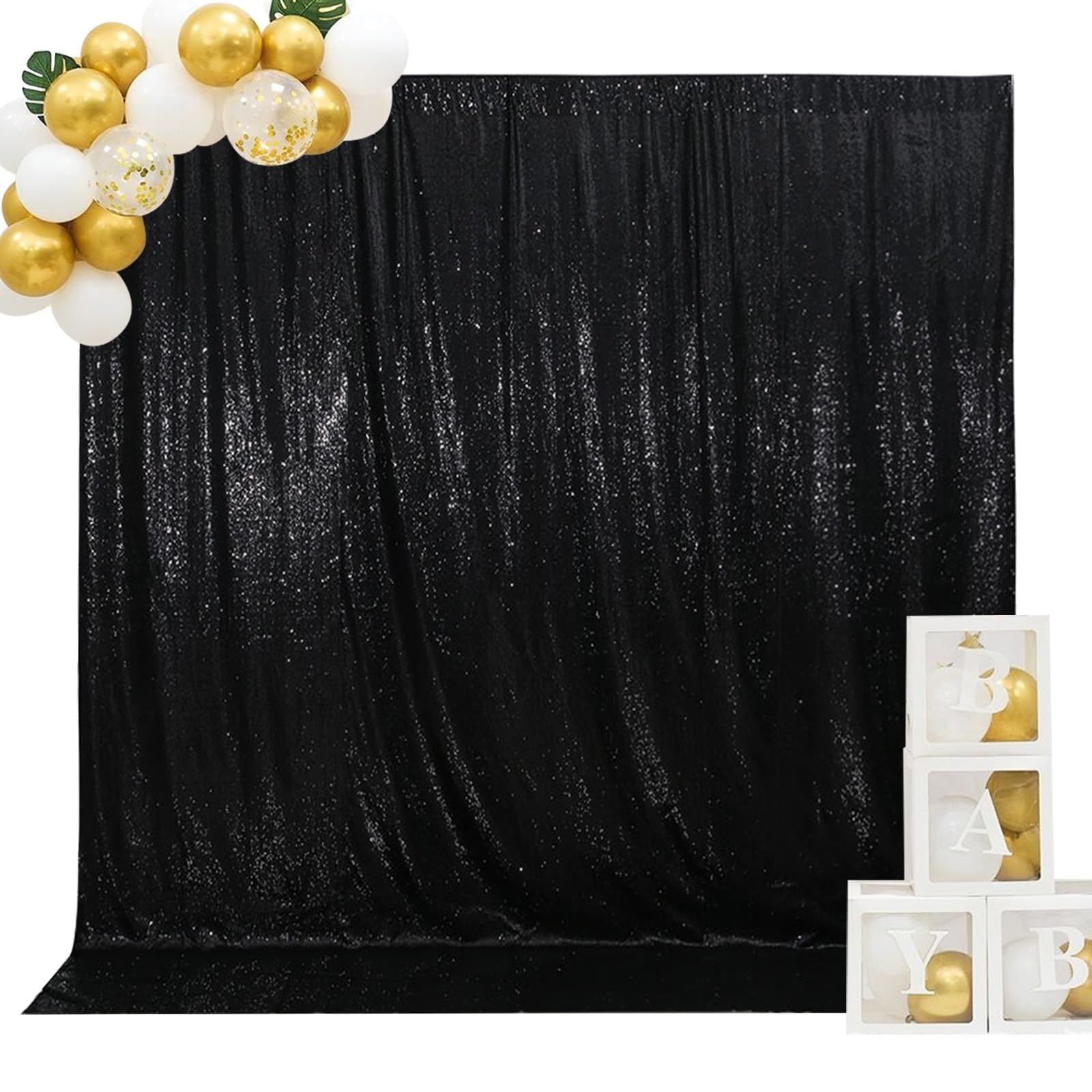Squarepie Sequin Backdrop Non Transparent Background Sparkly Curtain For Wedding Party 8Ft X 8Ft Black