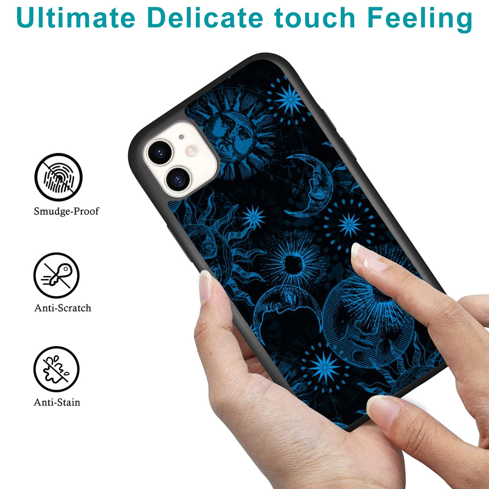 UNNKINE iPhone 14 Pro Phone Case Art Sun & Moon Design Soft TPU Metal Back Shockproof Blue