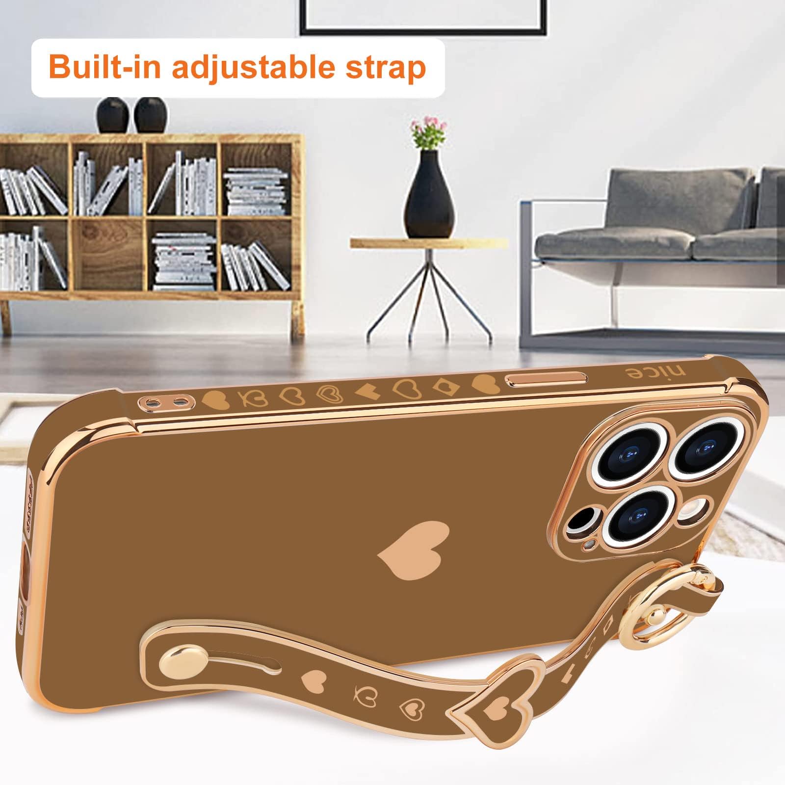 Llz. Coque For Iphone 13 Pro Max Case Cute Love Heart Plating Strap Phone Cover For Women Girlss Bling Silicone Camera Lens Prot