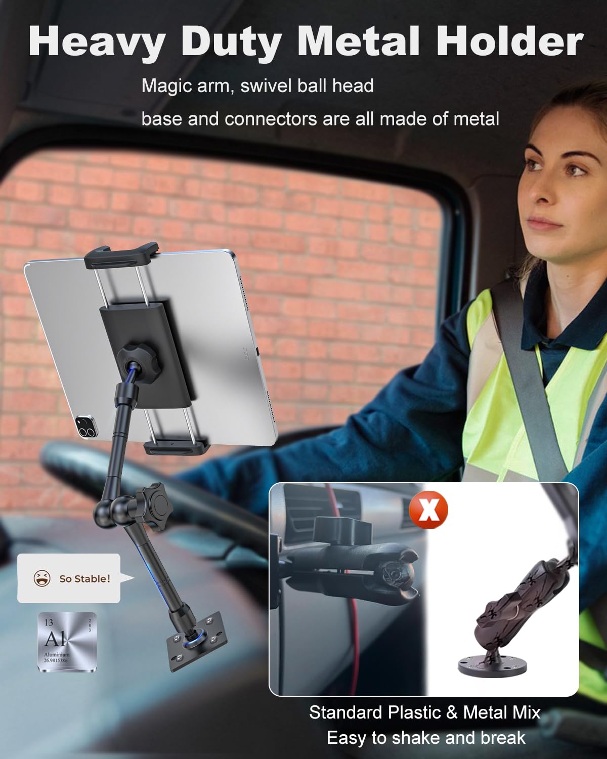 Kolasels Industrial Tablet Holder For Car/Truck/Vehicle [Metal Magic Arm] Heavy Duty Drill Base Tablet Car Mount For Dashboard/B