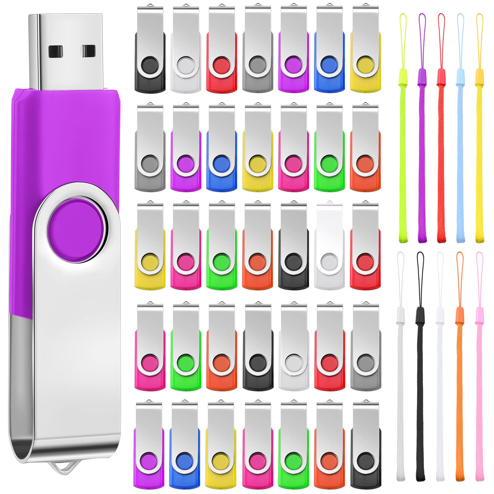 50 Pack Usb Flash Drives Bulk With Lanyards Usb 2.0 Thumb Drive Swivel Storage Flash Drive Pack Bulk With Led Light For Data Sto