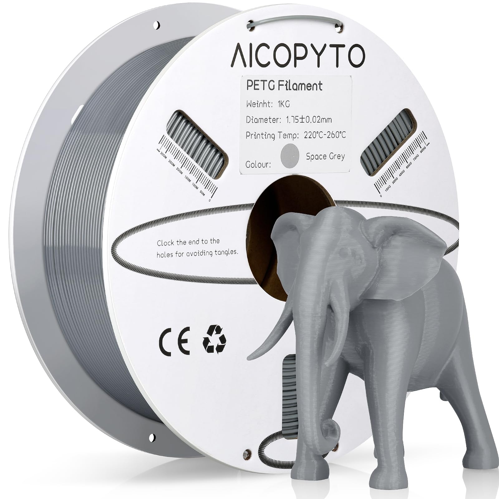 AICOPYTO Grey PETG Filament 1.75mm, 3D Printer PETG Filament 1kg Spool (2.2lbs) Dimensional Accuracy +/- 0.02mm, Filament Fit Mo